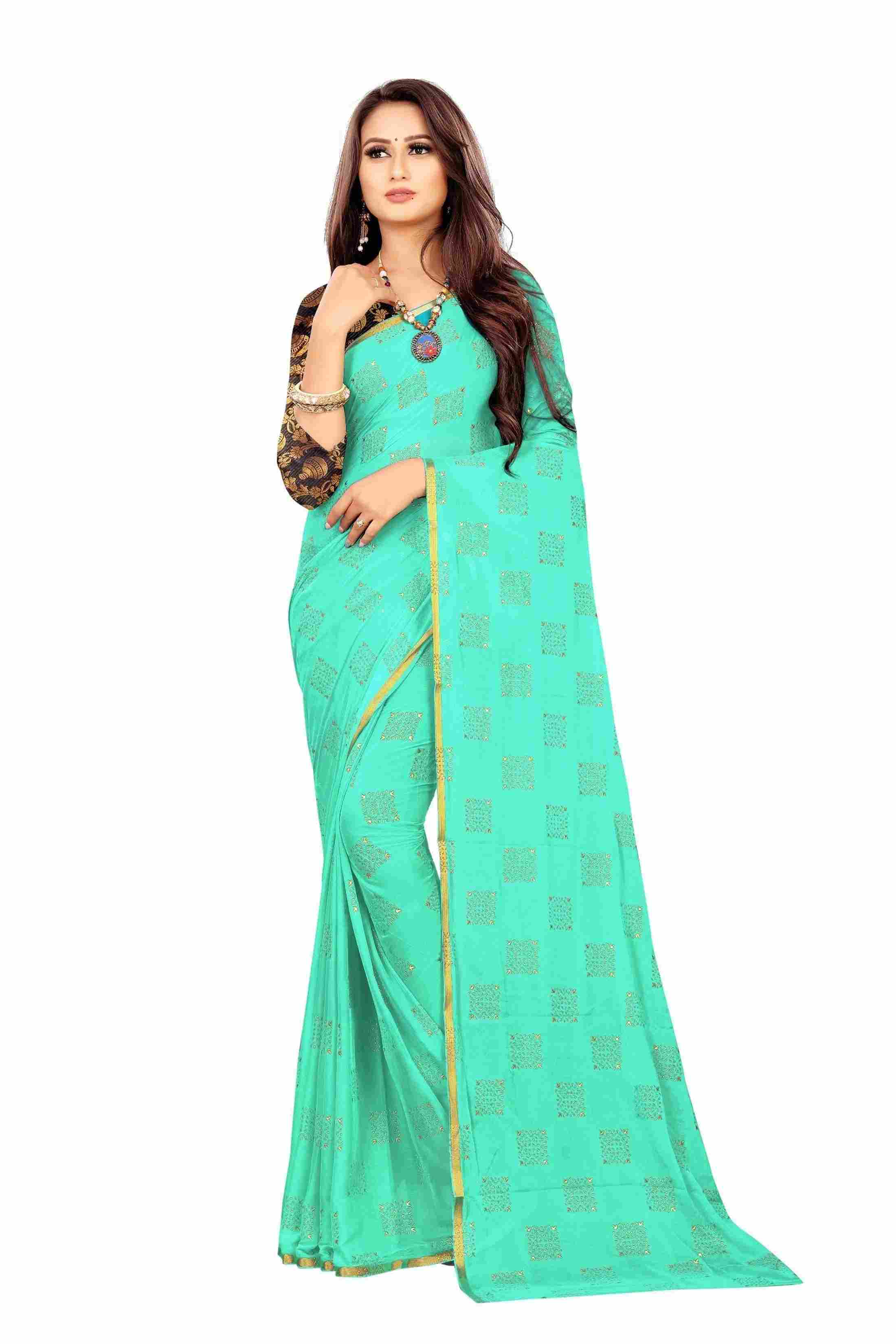 Women's Party Wear Checks Printed Chiffon Saree With Jacquarad Blouse PIece (Sea Green)