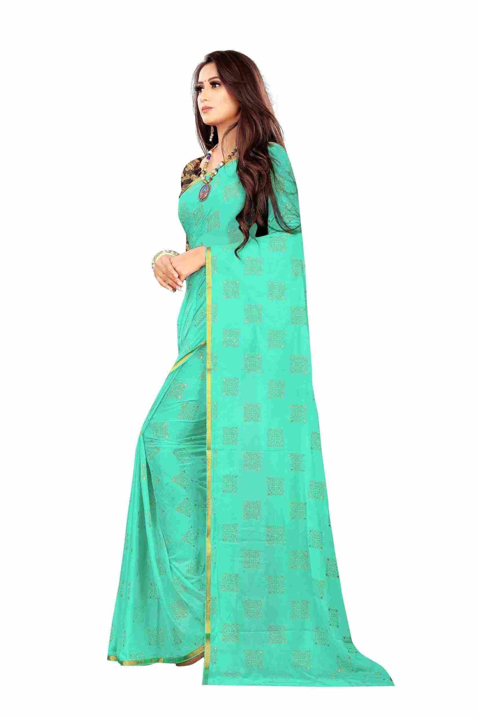 Women's Party Wear Checks Printed Chiffon Saree With Jacquarad Blouse PIece (Sea Green)