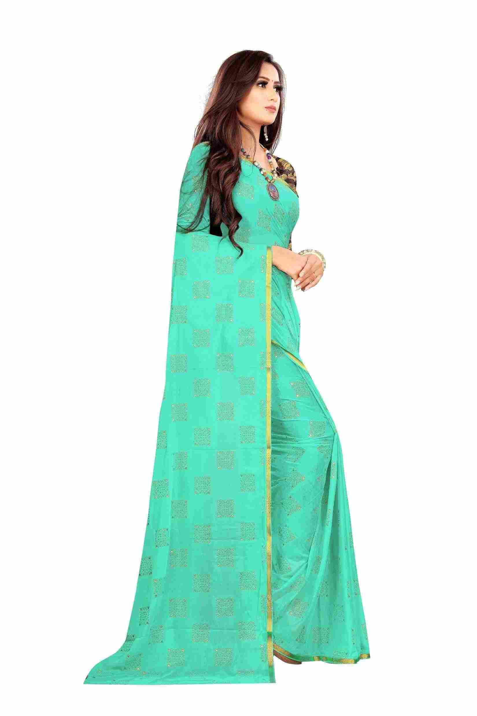 Women's Party Wear Checks Printed Chiffon Saree With Jacquarad Blouse PIece (Sea Green)