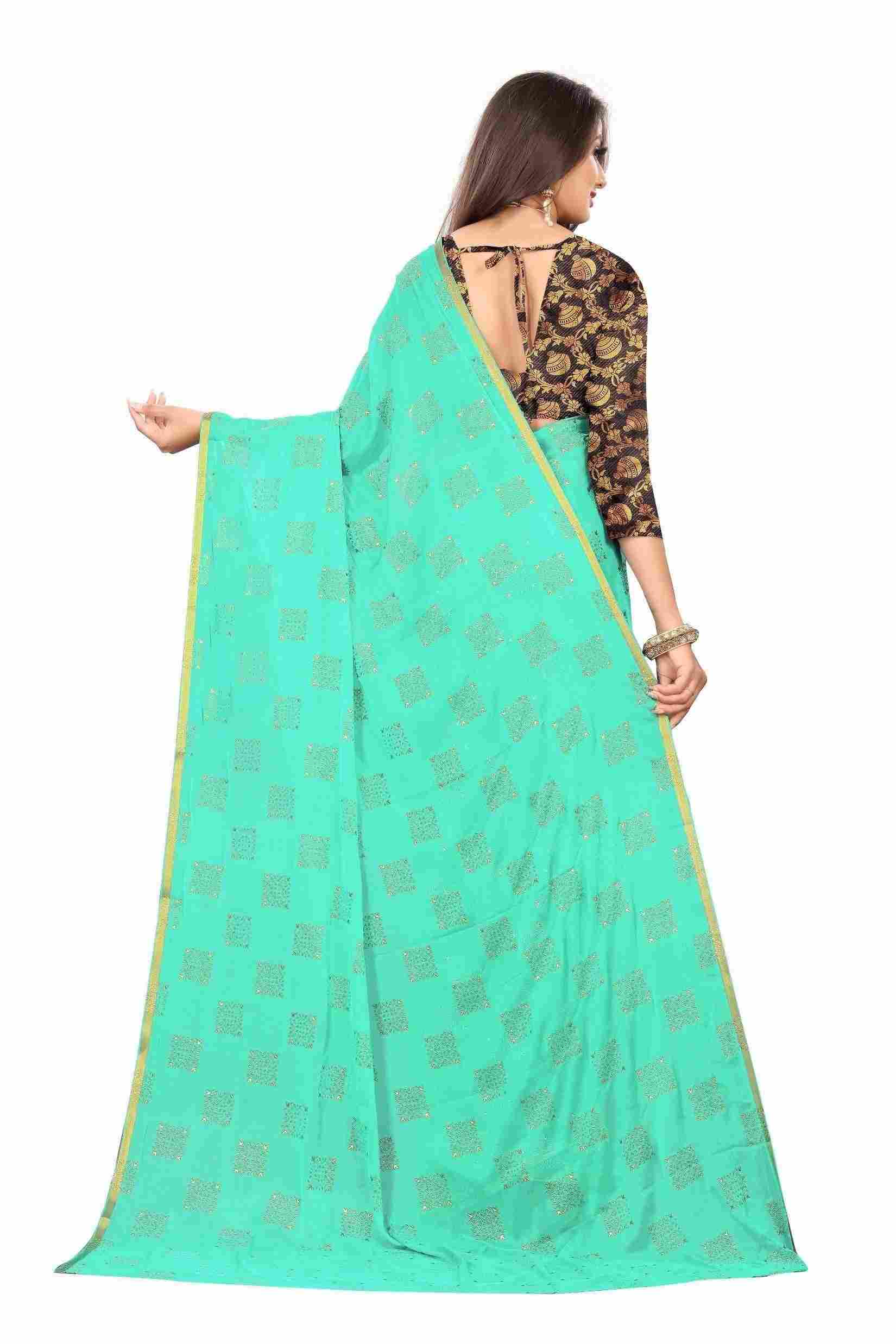 Women's Party Wear Checks Printed Chiffon Saree With Jacquarad Blouse PIece (Sea Green)