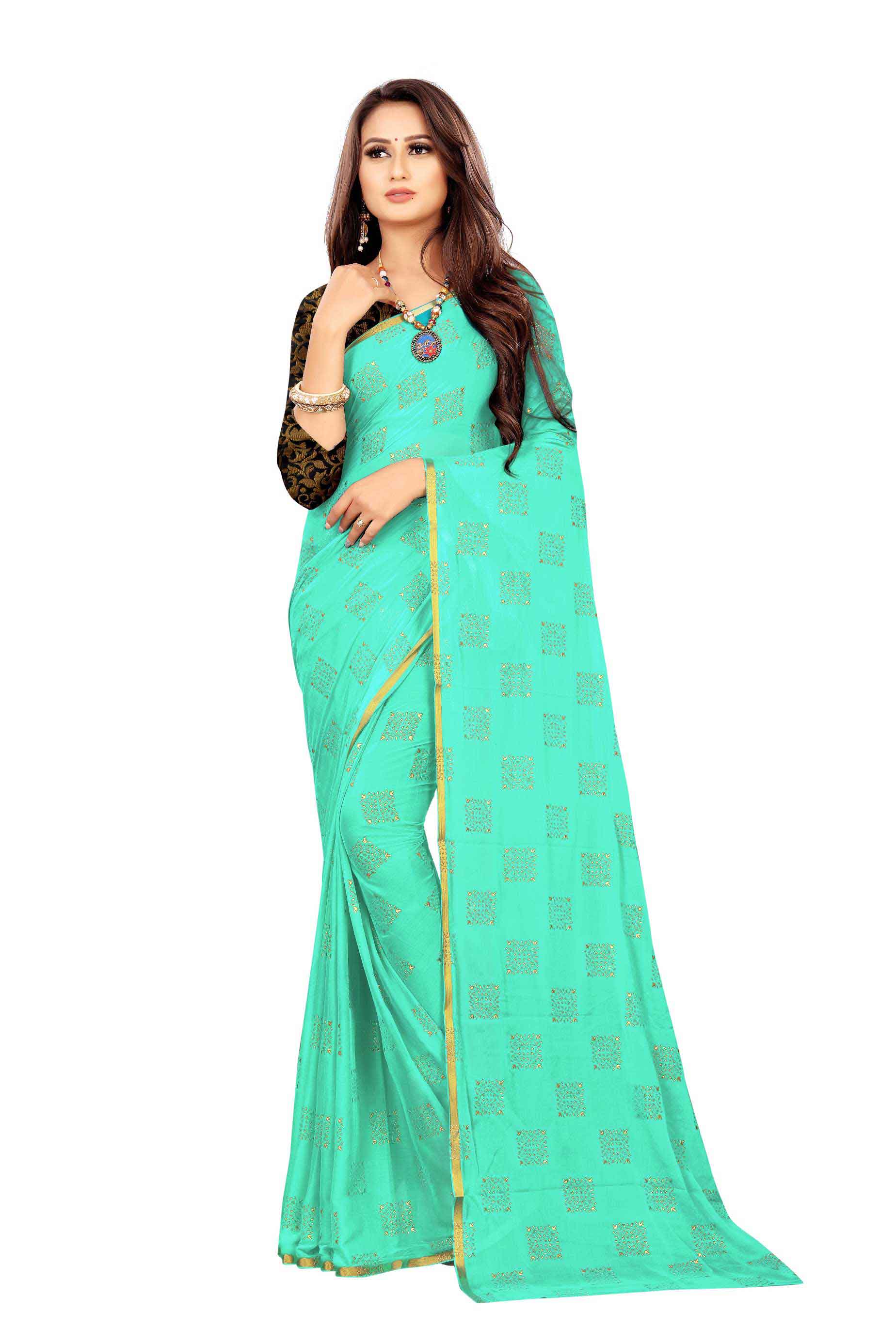 Women's Daily Wear Checks Printed Sea Green Chiffon Saree With Jacquarad Blouse PIece