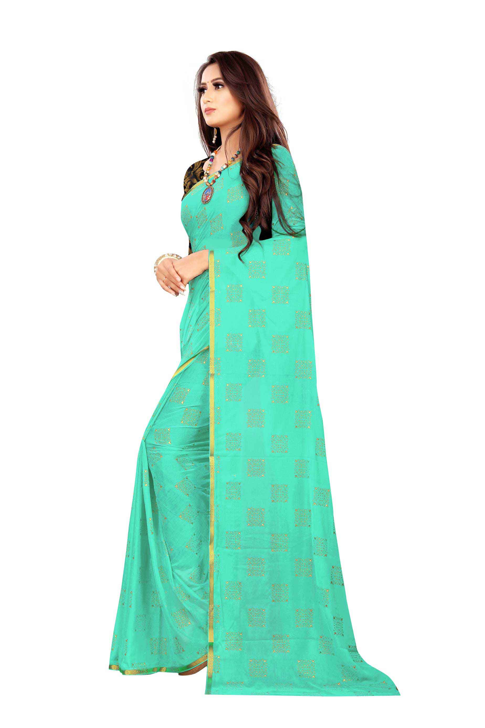 Women's Daily Wear Checks Printed Sea Green Chiffon Saree With Jacquarad Blouse PIece