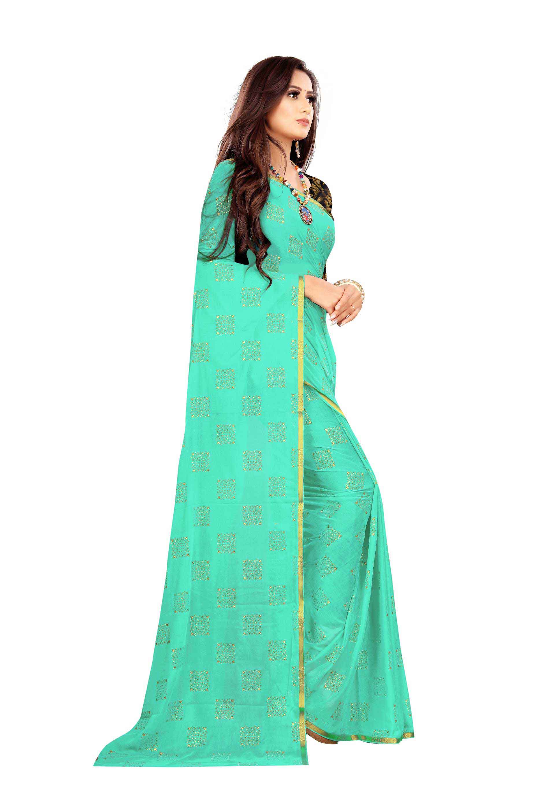 Women's Daily Wear Checks Printed Sea Green Chiffon Saree With Jacquarad Blouse PIece