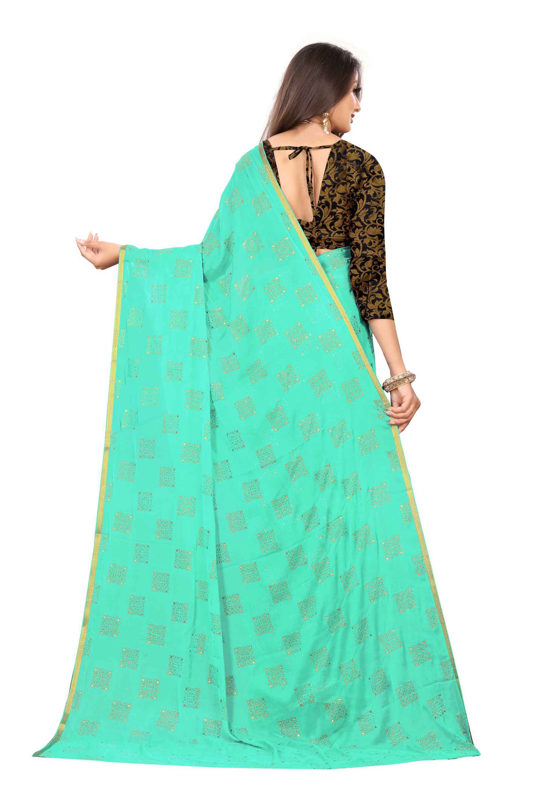 Women's Daily Wear Checks Printed Sea Green Chiffon Saree With Jacquarad Blouse PIece