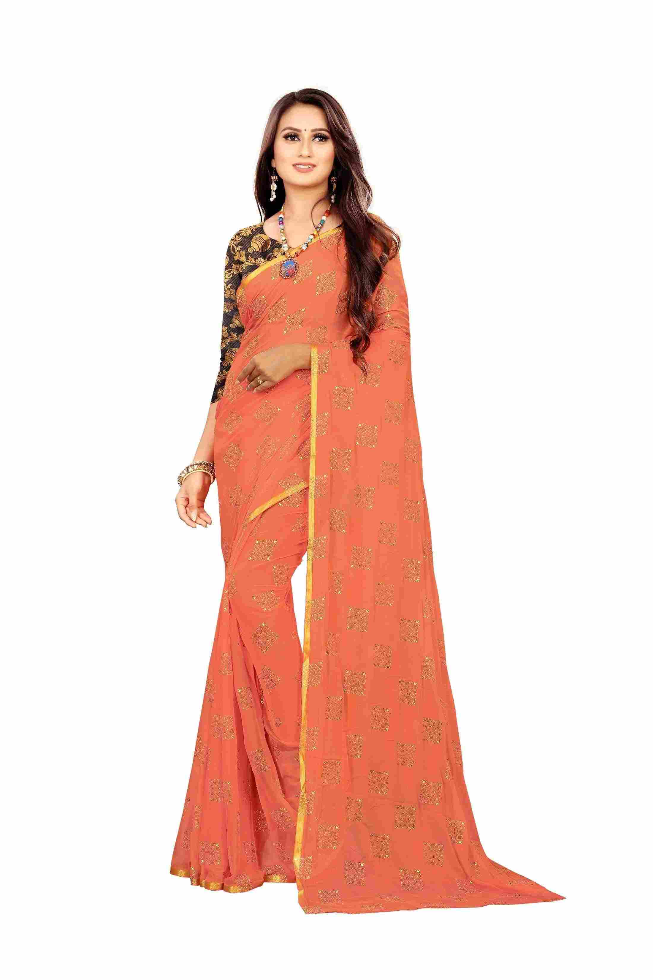 Women's Party Wear Checks Printed Chiffon Saree With Jacquarad Blouse PIece (Peach)