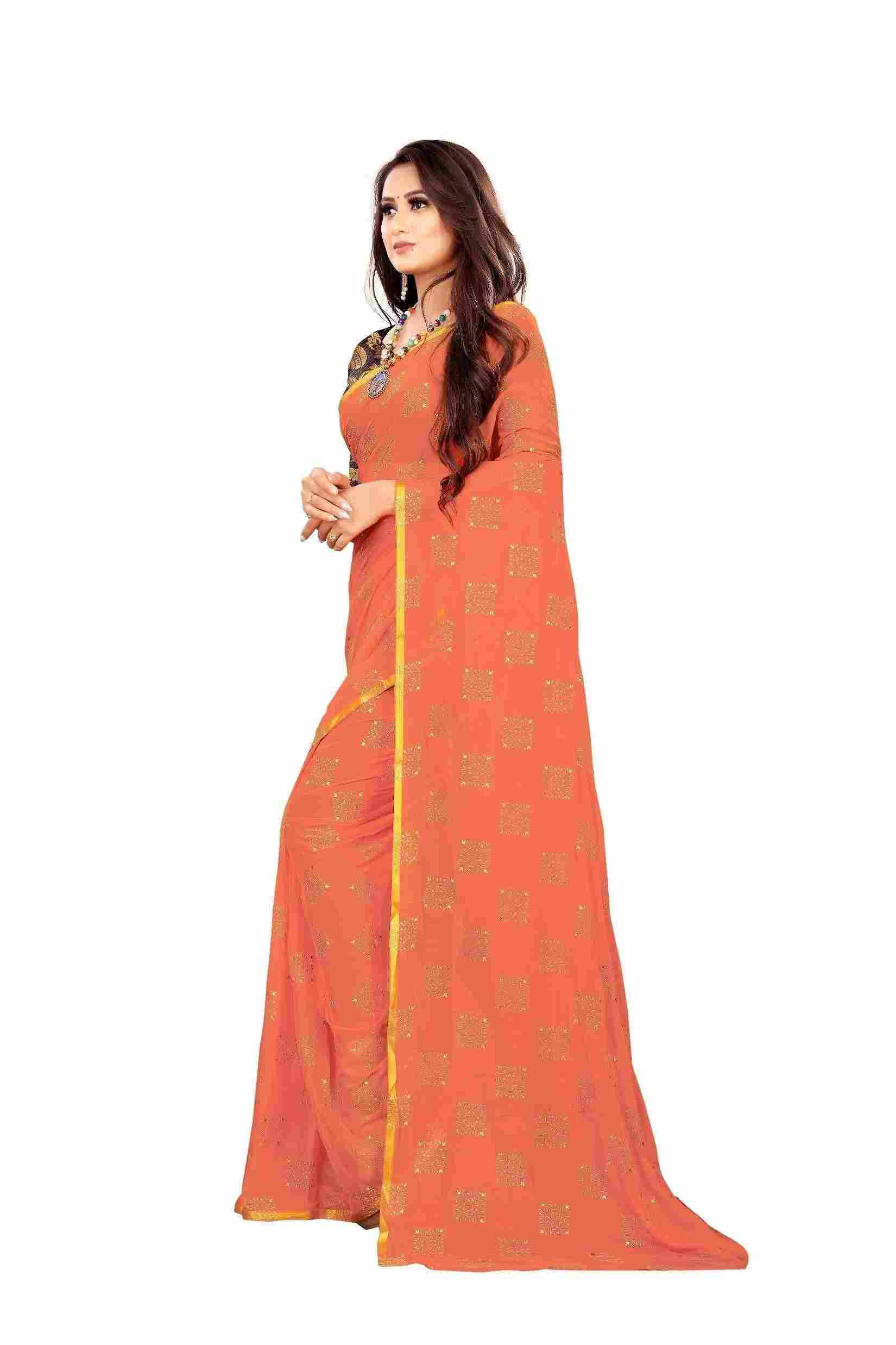 Women's Party Wear Checks Printed Chiffon Saree With Jacquarad Blouse PIece (Peach)