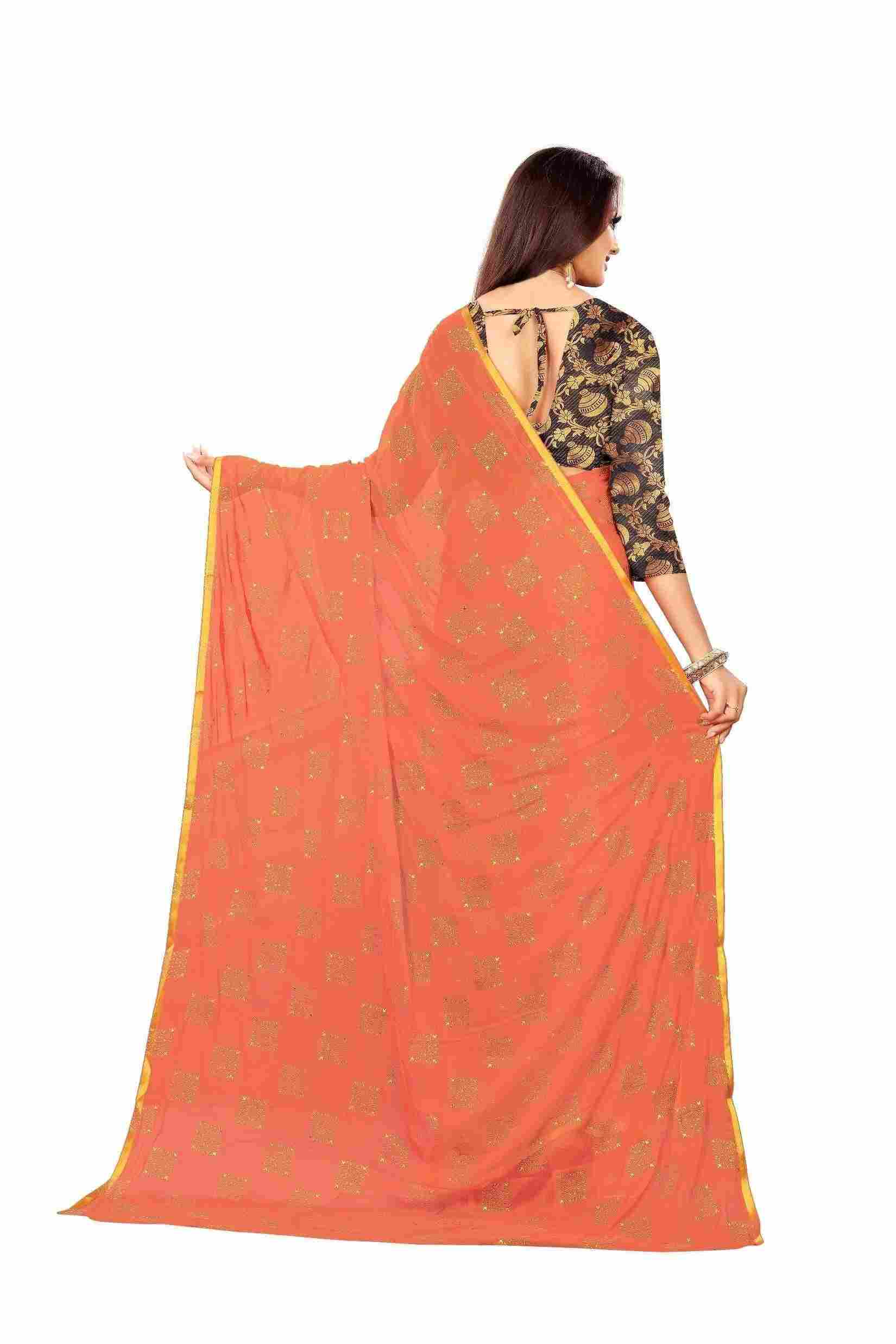 Women's Party Wear Checks Printed Chiffon Saree With Jacquarad Blouse PIece (Peach)