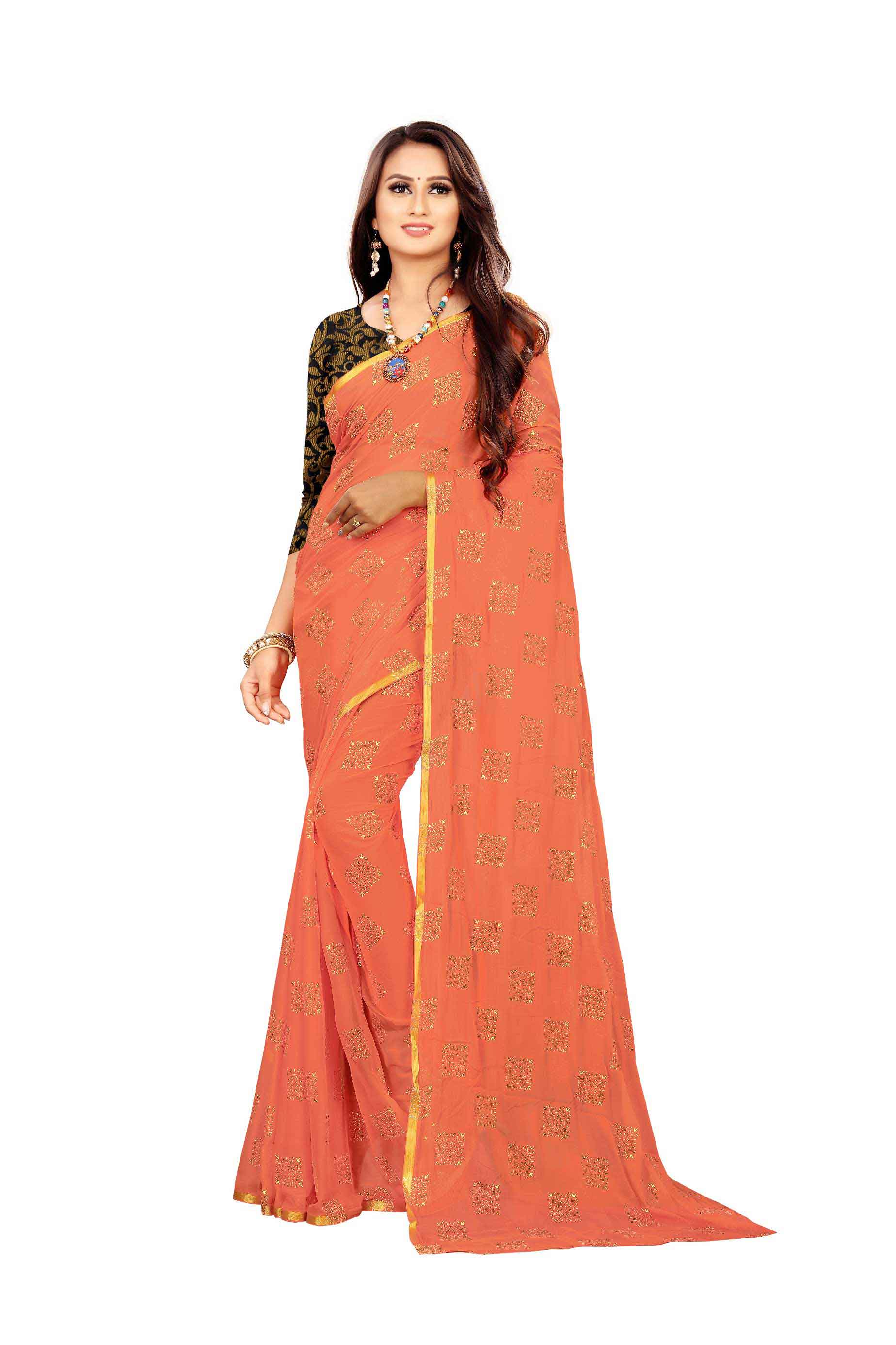 Women's Daily Wear Checks Printed Peach Chiffon Saree With Jacquarad Blouse PIece