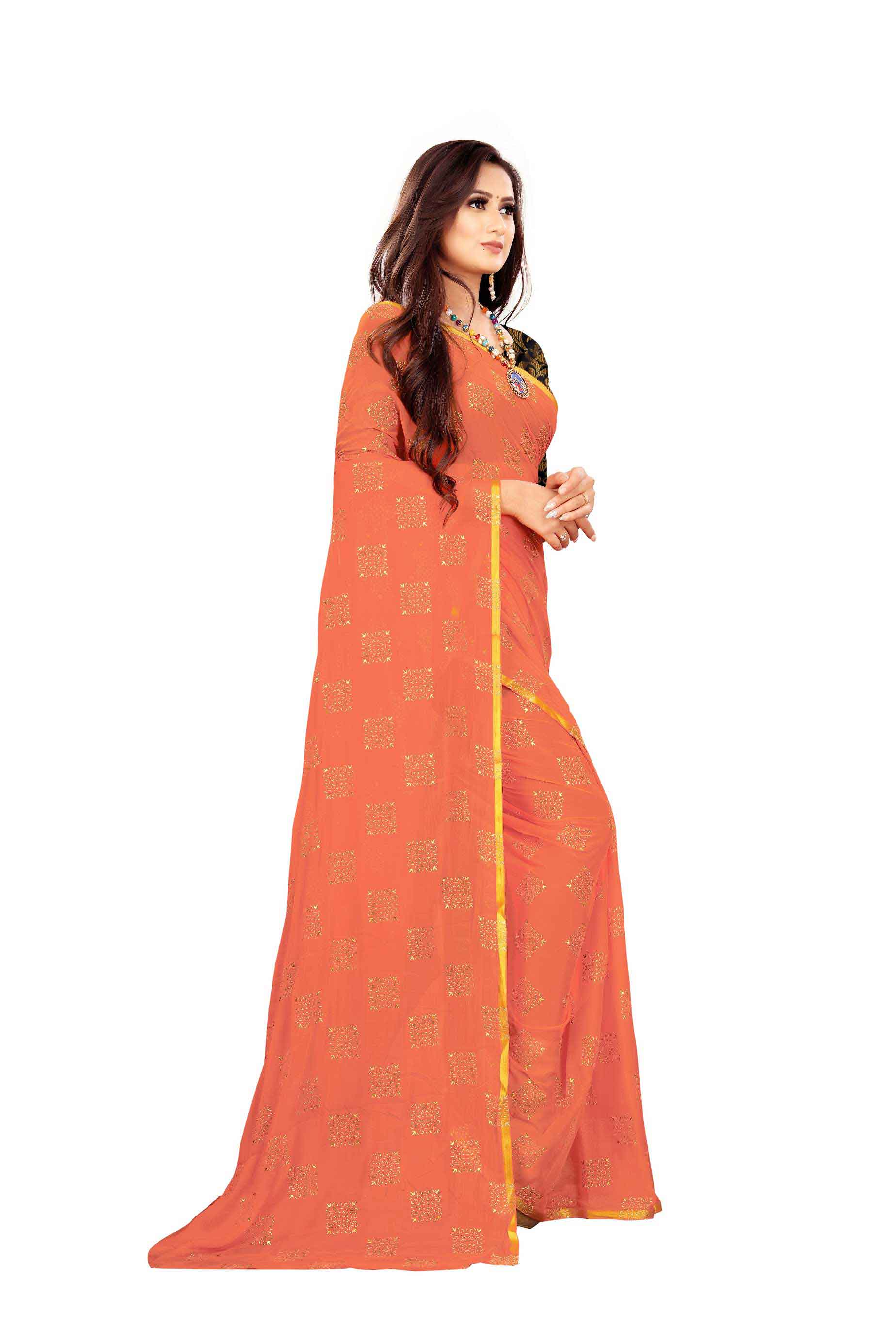 Women's Daily Wear Checks Printed Peach Chiffon Saree With Jacquarad Blouse PIece