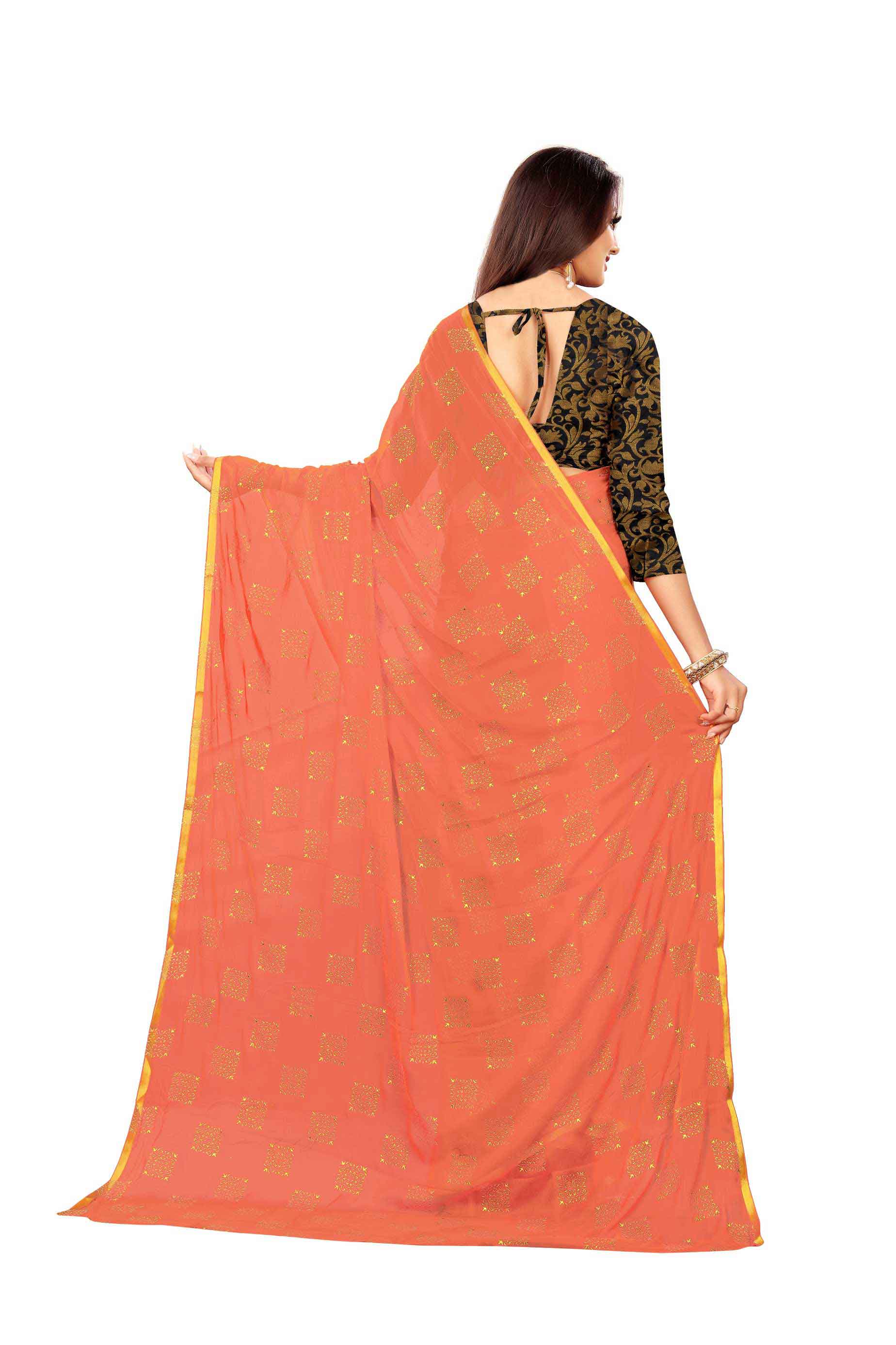 Women's Daily Wear Checks Printed Peach Chiffon Saree With Jacquarad Blouse PIece