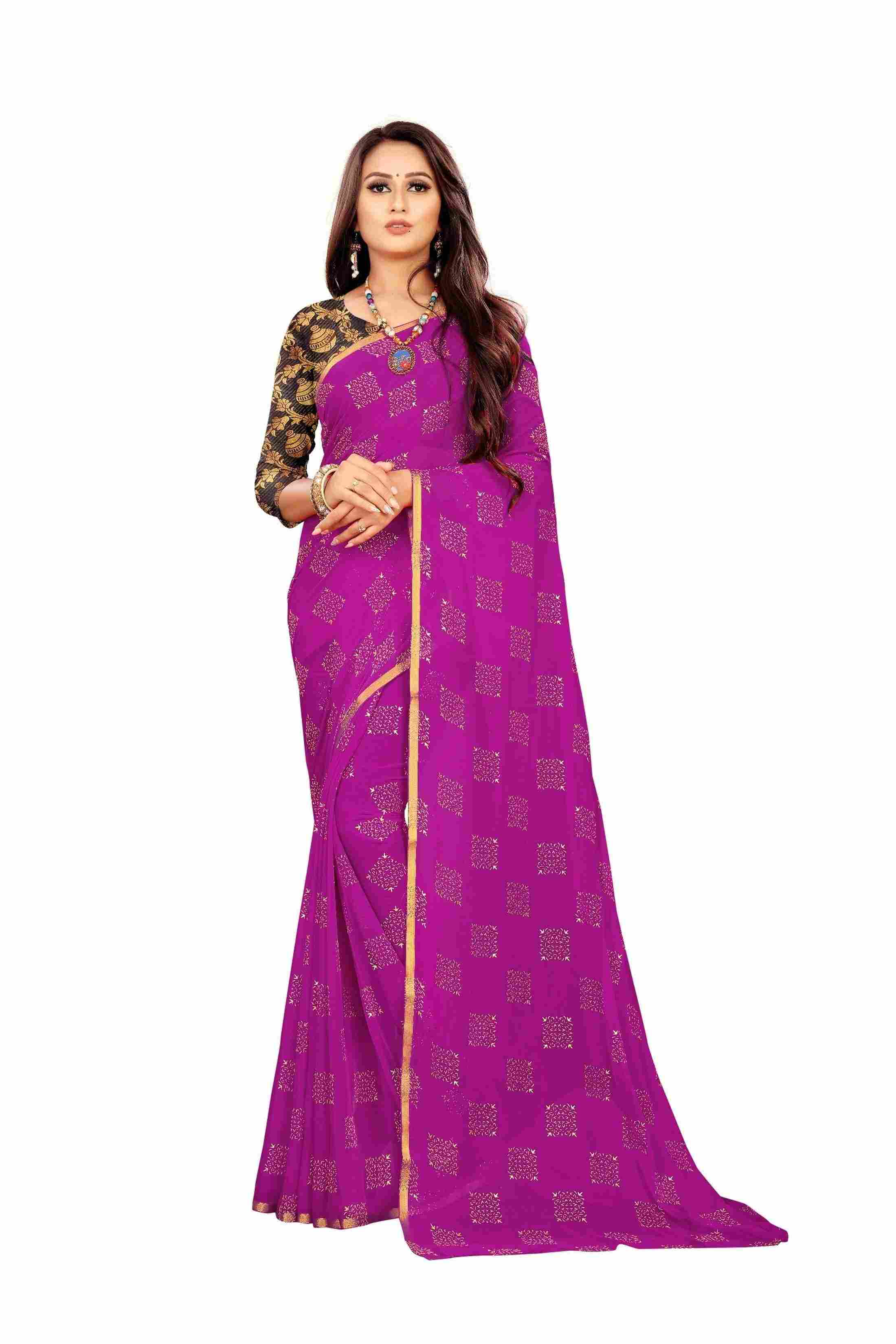 Women's Party Wear Checks Printed Chiffon Saree With Jacquarad Blouse PIece (Magenta)