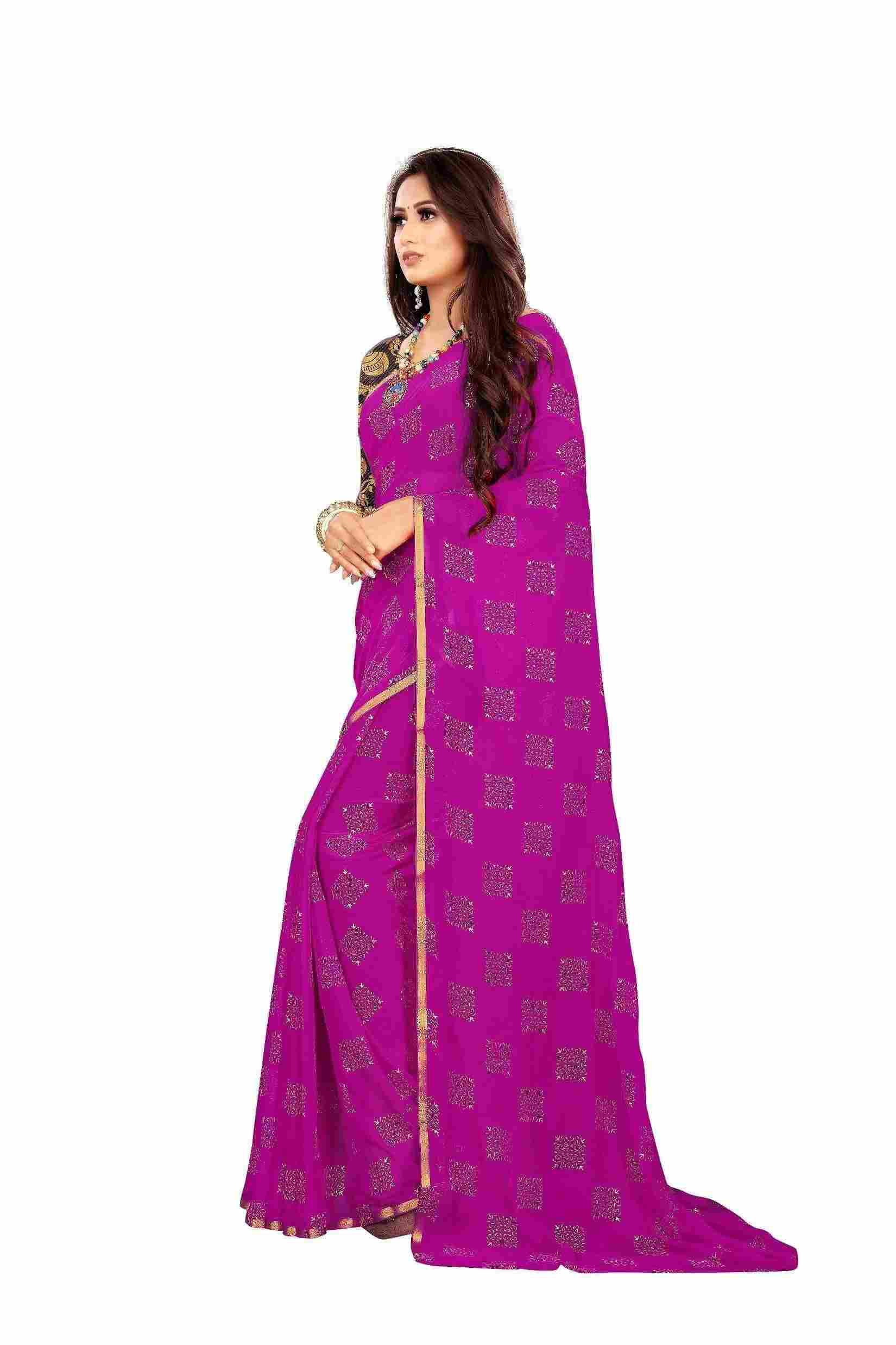 Women's Party Wear Checks Printed Chiffon Saree With Jacquarad Blouse PIece (Magenta)