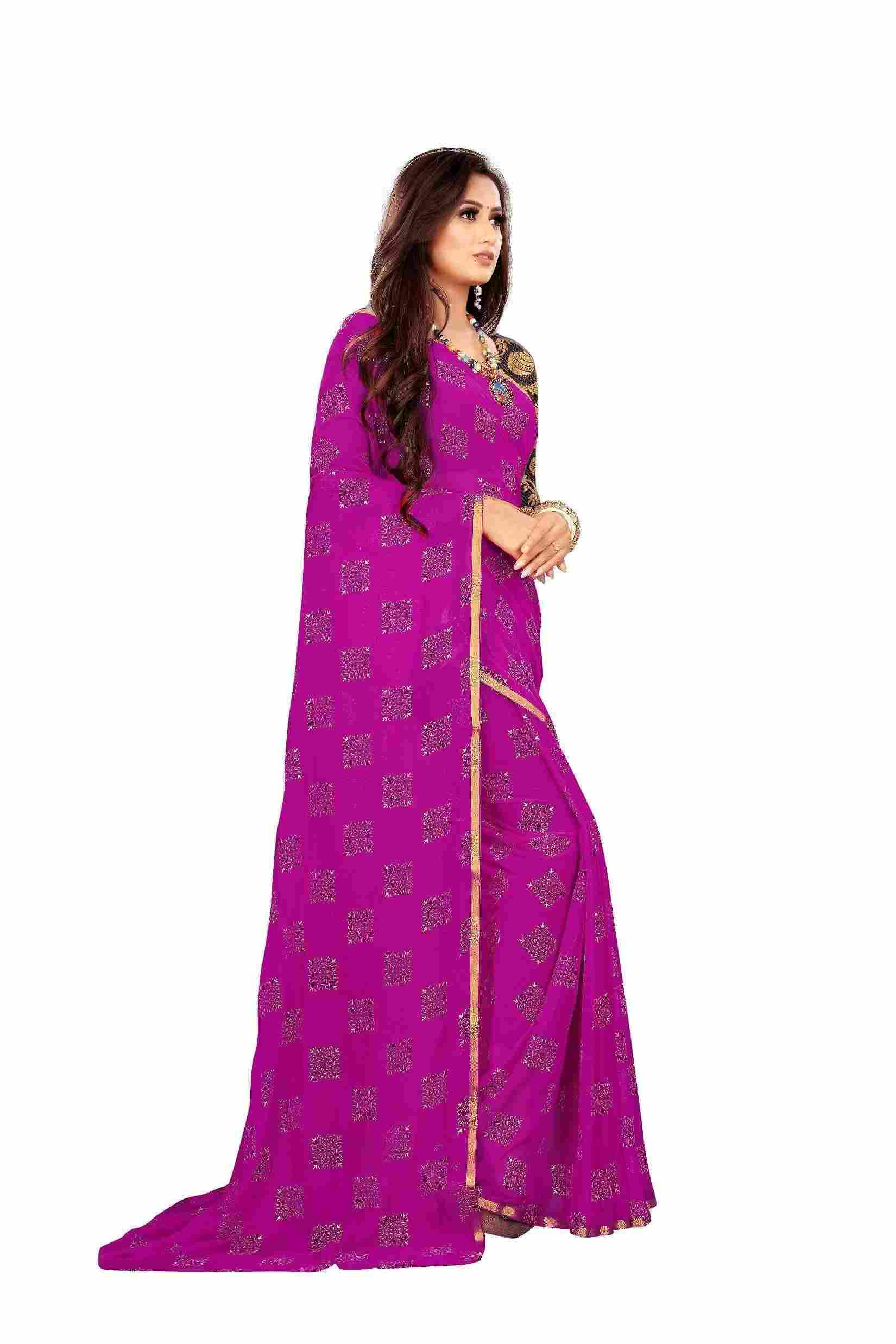 Women's Party Wear Checks Printed Chiffon Saree With Jacquarad Blouse PIece (Magenta)