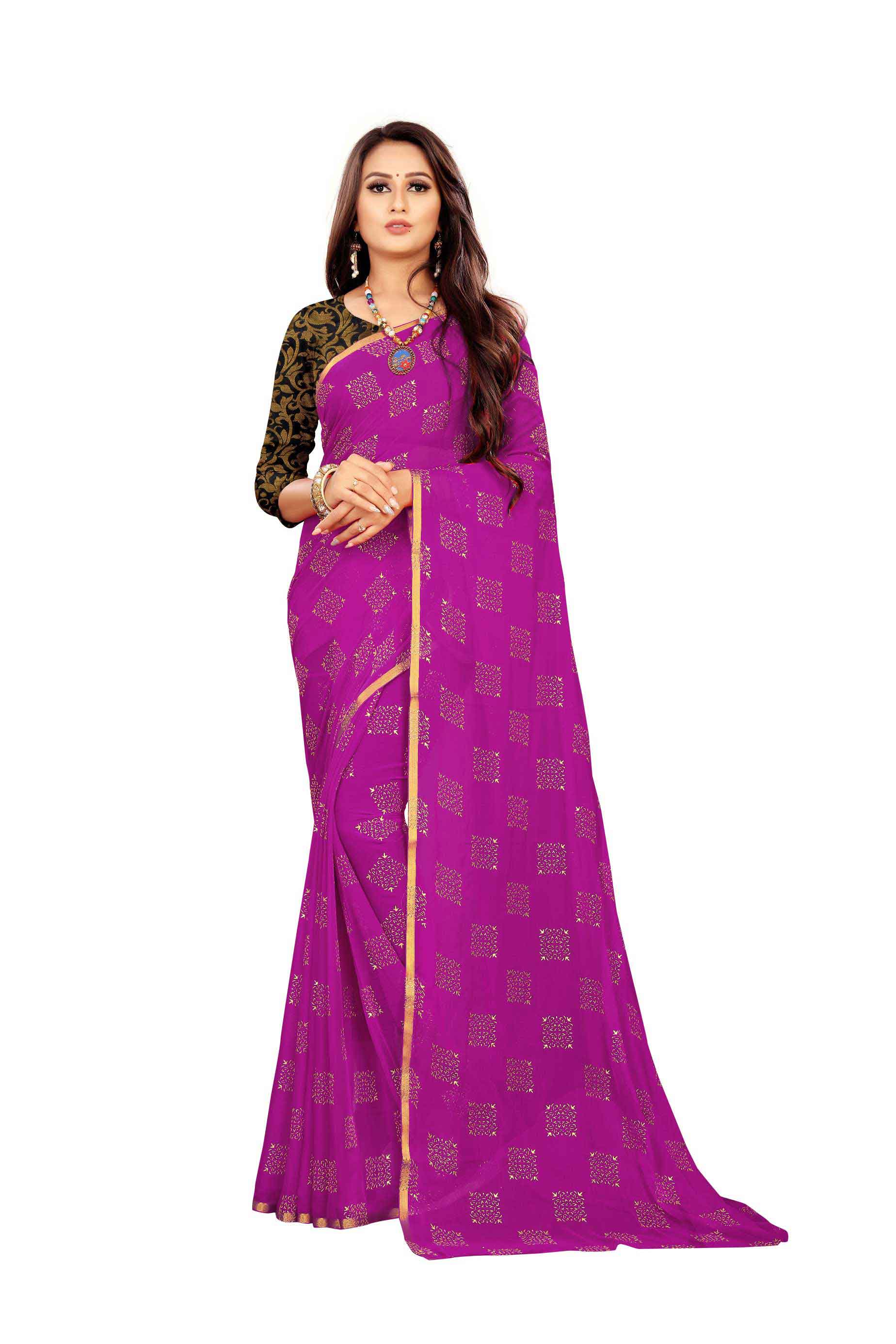 Women's Daily Wear Checks Printed Magenta Chiffon Saree With Jacquarad Blouse PIece