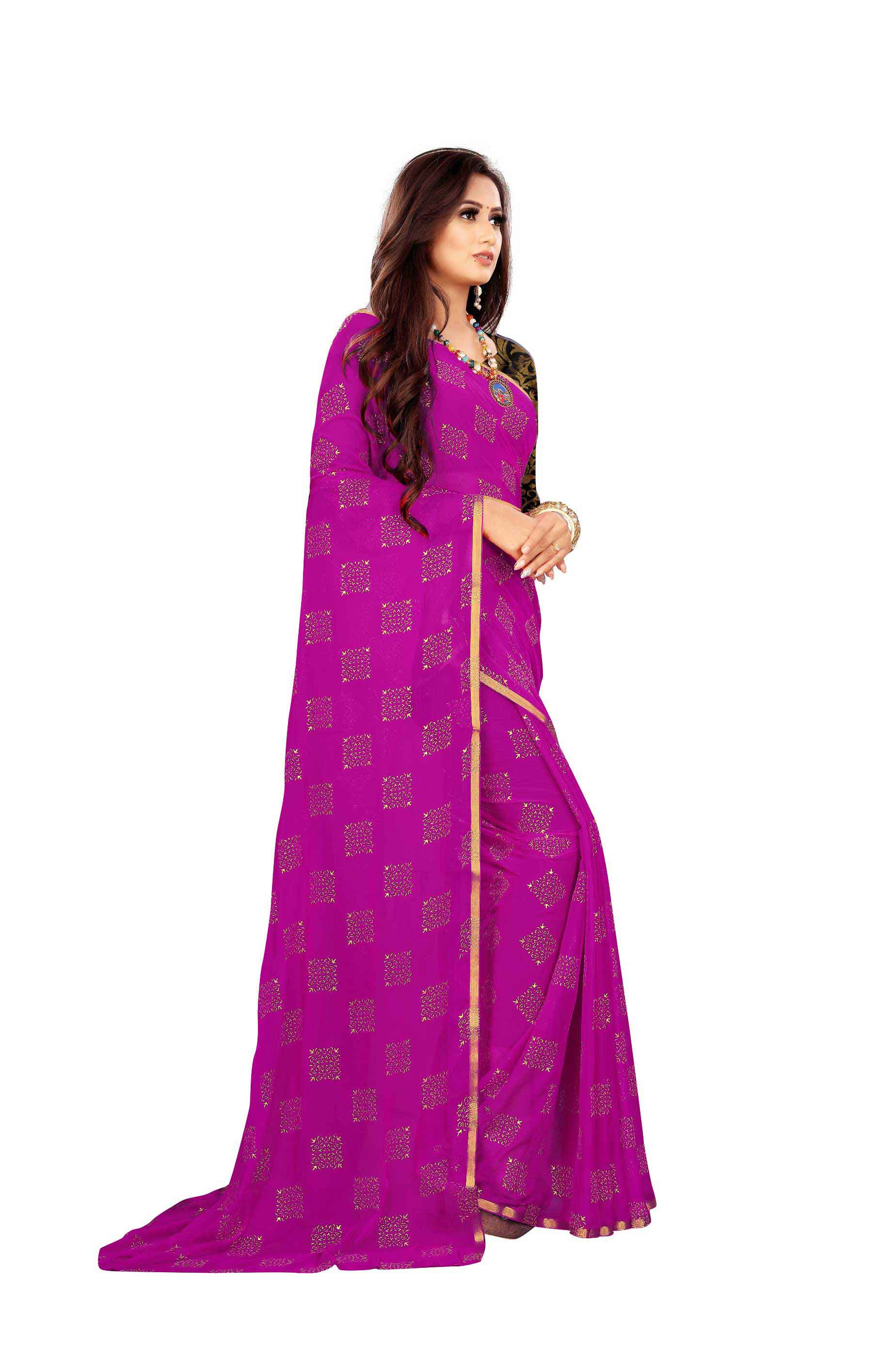 Women's Daily Wear Checks Printed Magenta Chiffon Saree With Jacquarad Blouse PIece