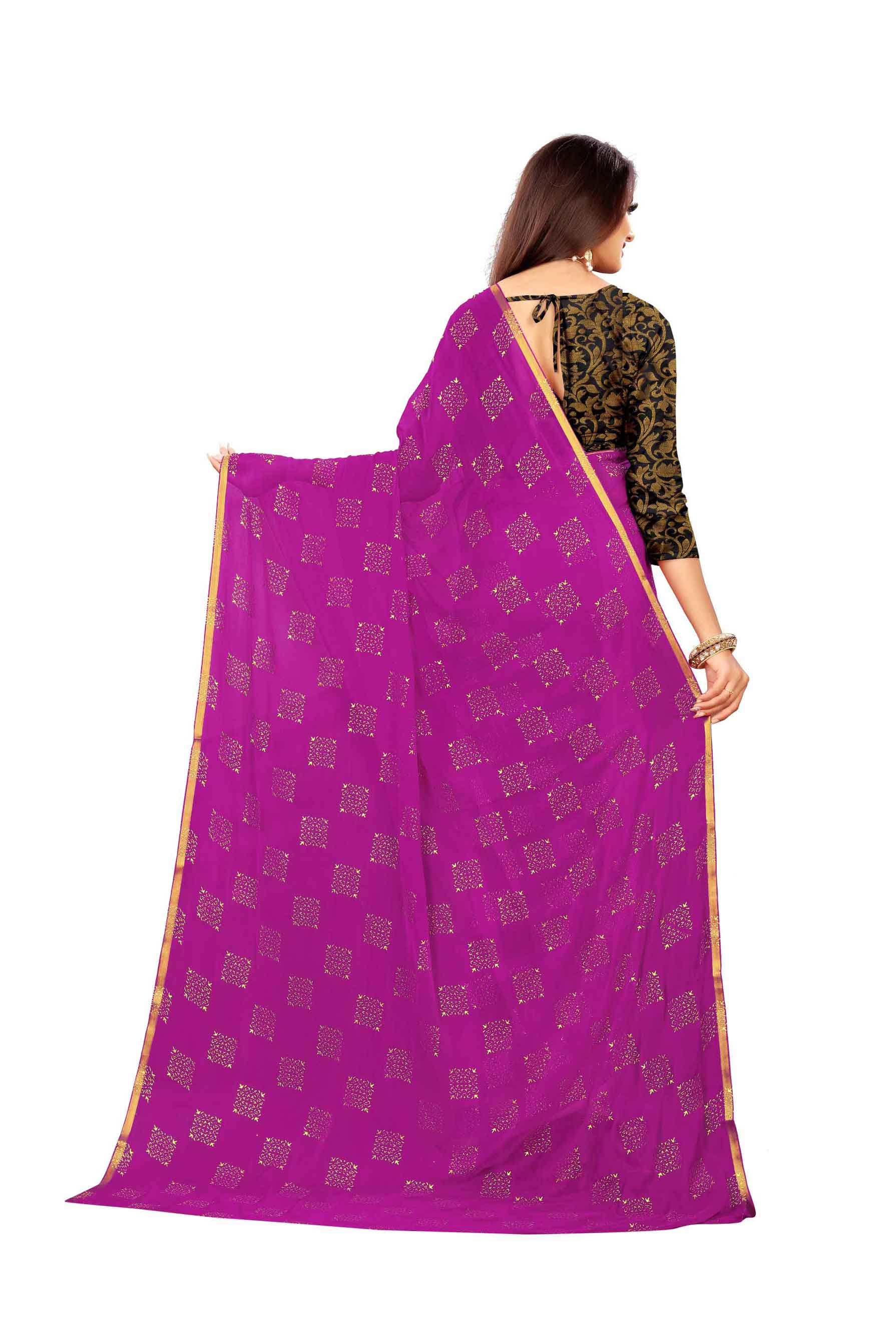 Women's Daily Wear Checks Printed Magenta Chiffon Saree With Jacquarad Blouse PIece