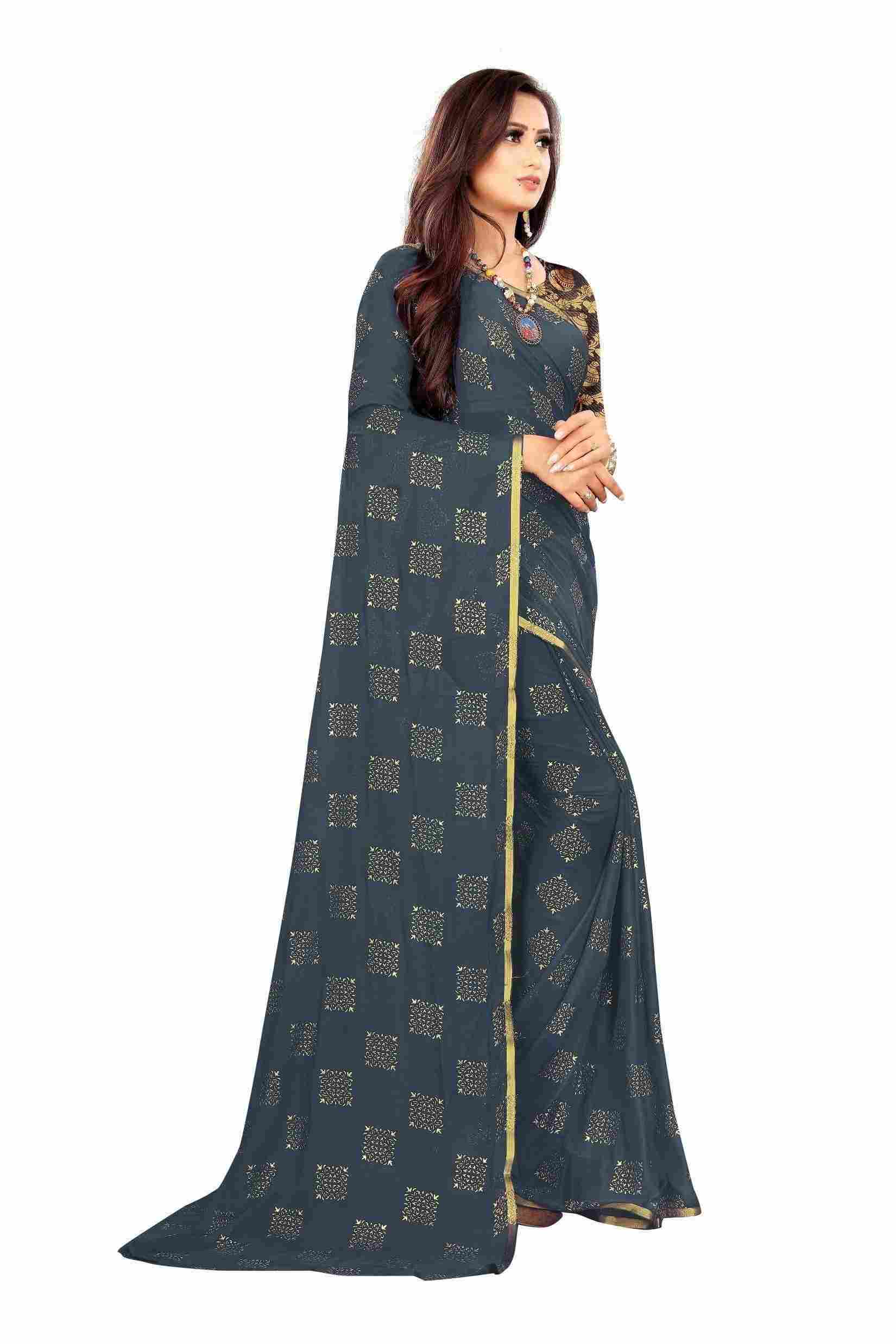 Women's Party Wear Checks Printed Chiffon Saree With Jacquarad Blouse PIece (Grey)