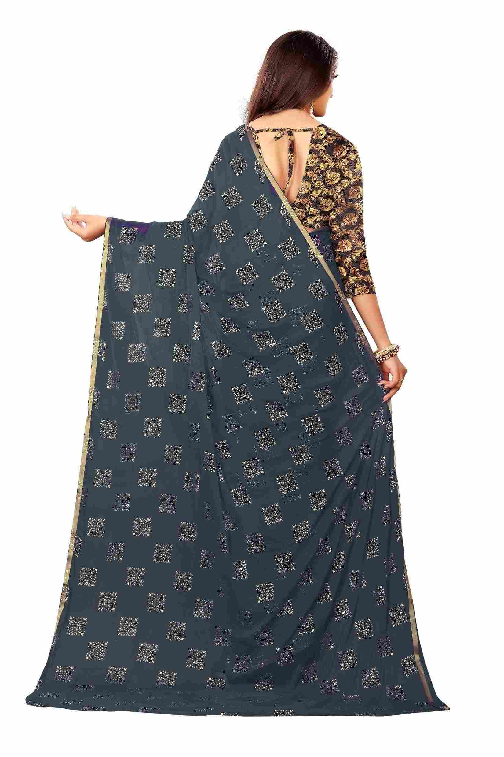 Women's Party Wear Checks Printed Chiffon Saree With Jacquarad Blouse PIece (Grey)