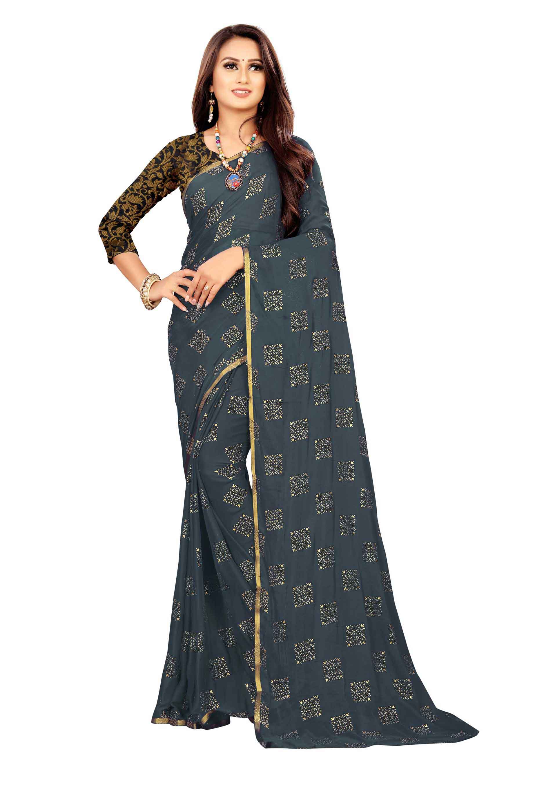 Women's Daily Wear Checks Printed Grey Chiffon Saree With Jacquarad Blouse PIece