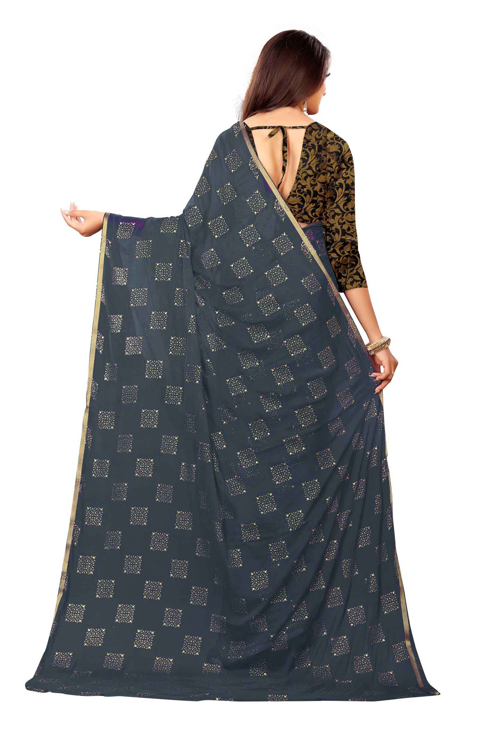 Women's Daily Wear Checks Printed Grey Chiffon Saree With Jacquarad Blouse PIece