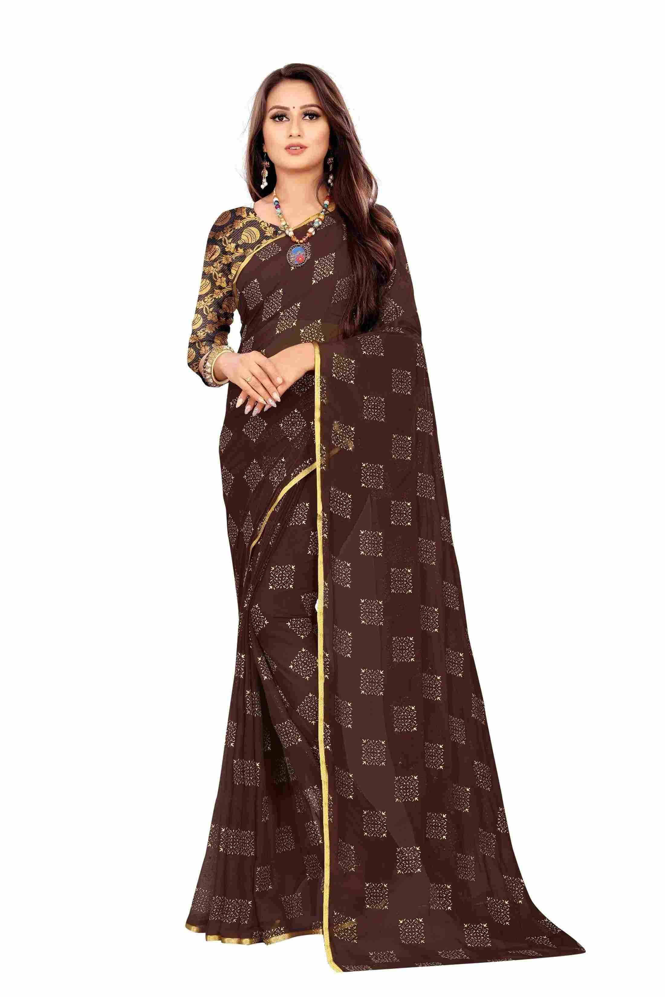 Women's Party Wear Checks Printed Chiffon Saree With Jacquarad Blouse PIece (Brown)