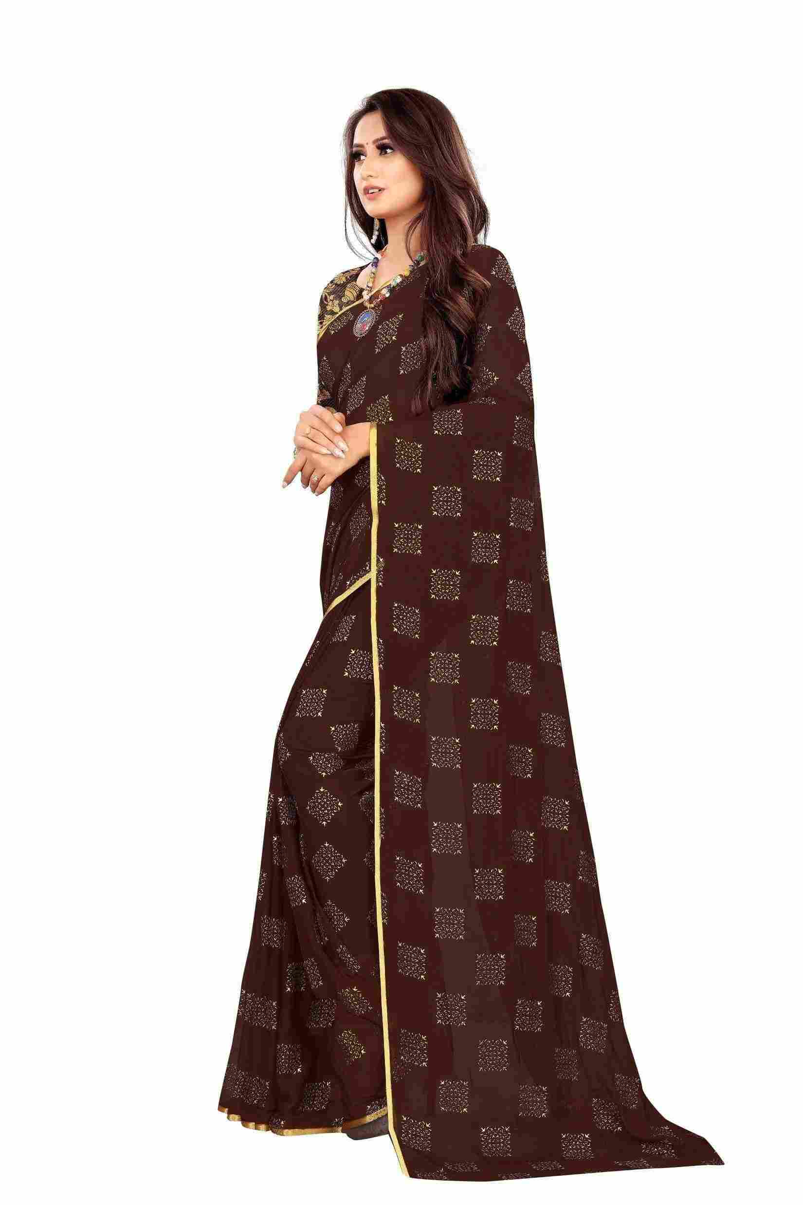 Women's Party Wear Checks Printed Chiffon Saree With Jacquarad Blouse PIece (Brown)