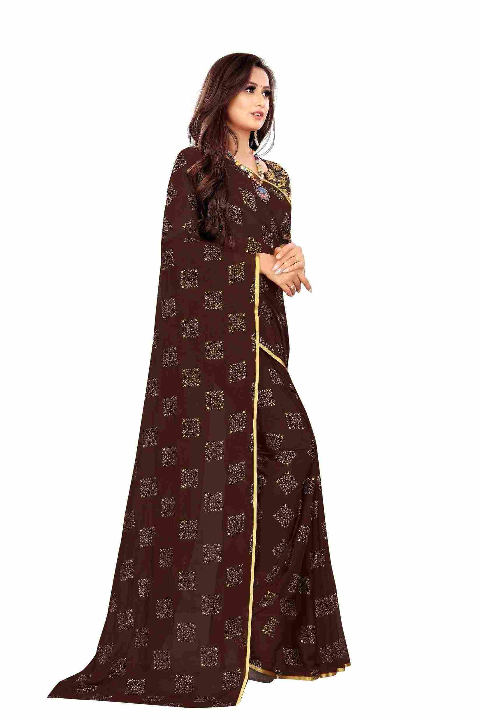 Women's Party Wear Checks Printed Chiffon Saree With Jacquarad Blouse PIece (Brown)