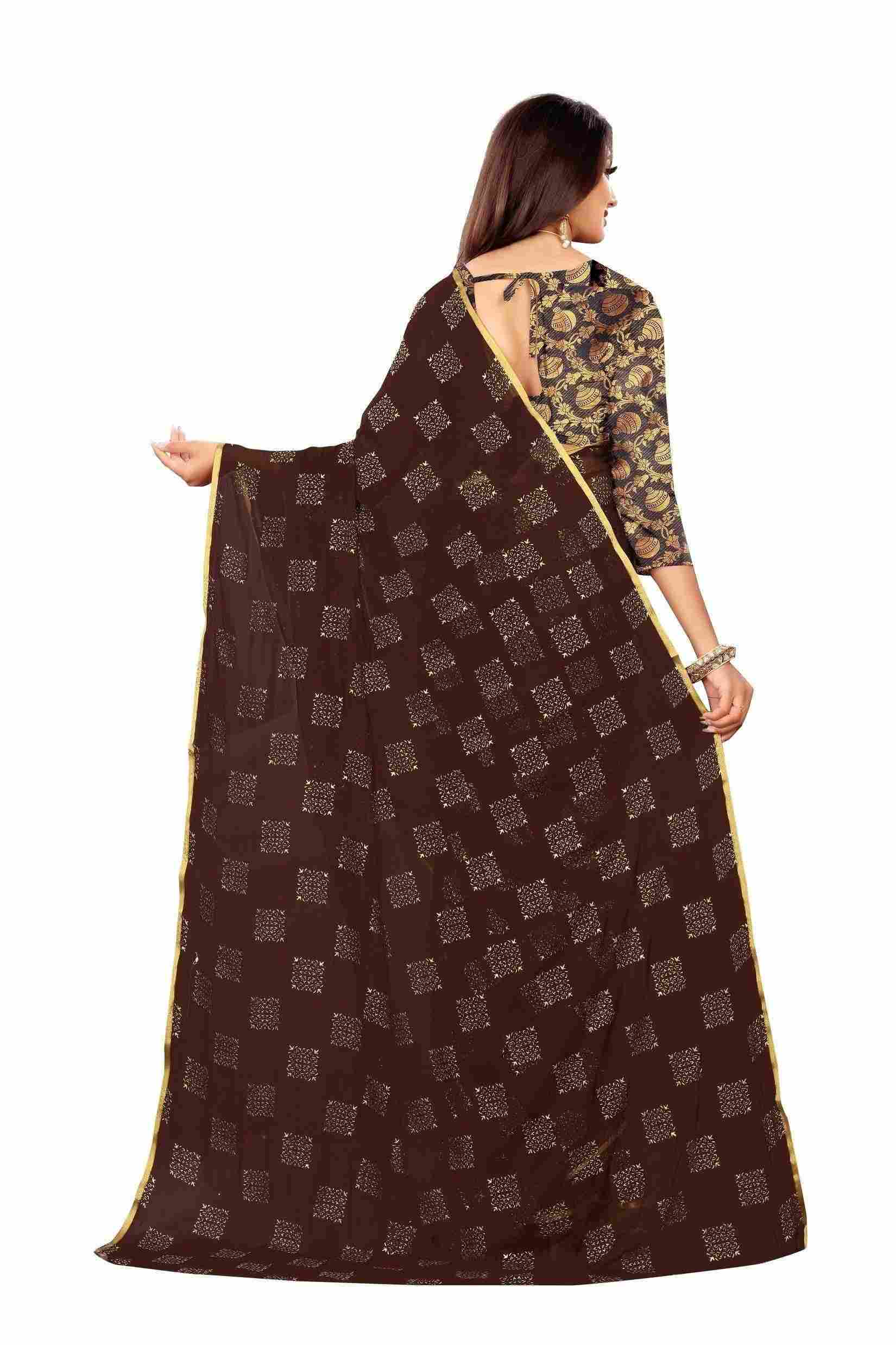 Women's Party Wear Checks Printed Chiffon Saree With Jacquarad Blouse PIece (Brown)