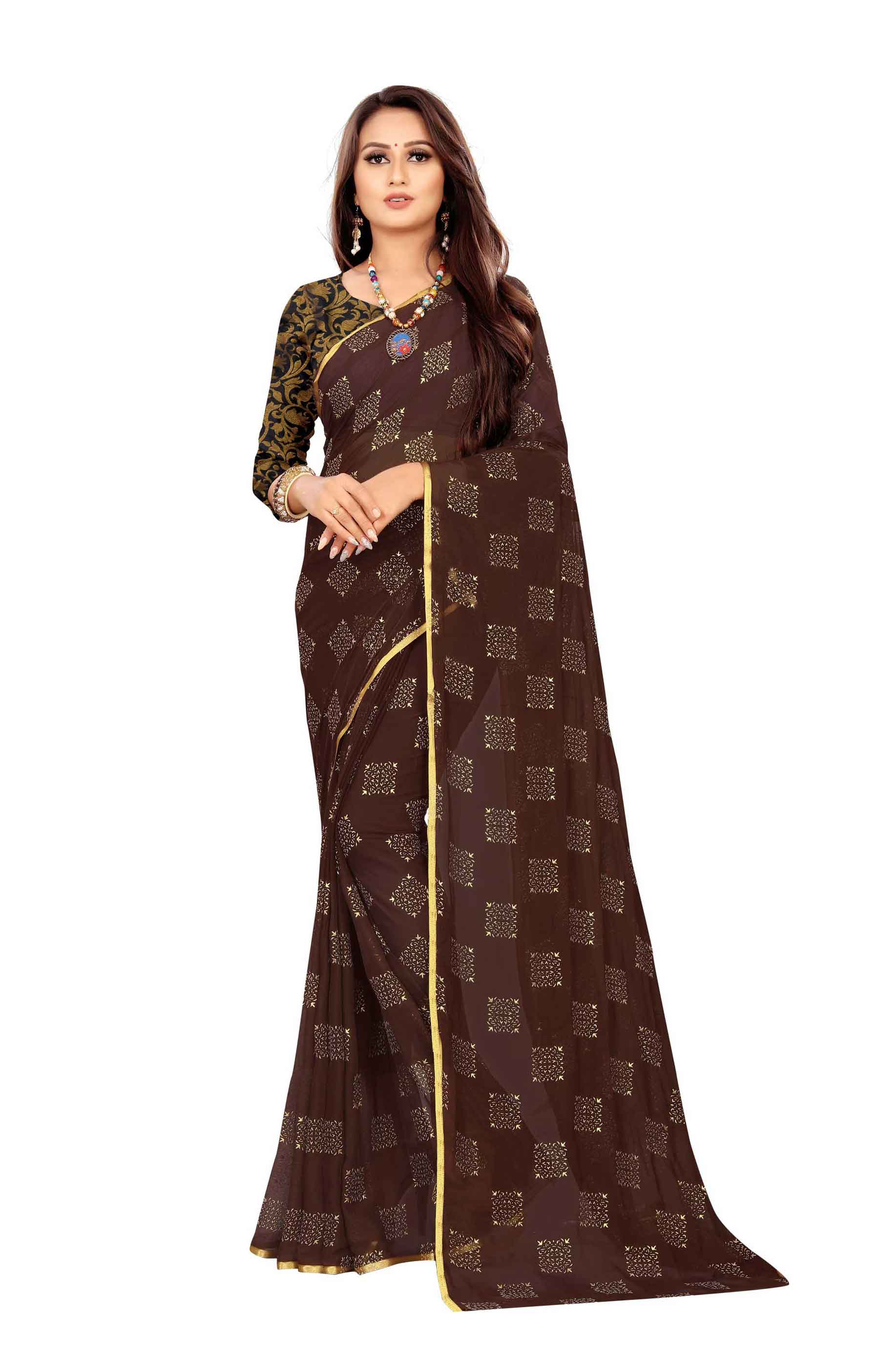 Women's Daily Wear Checks Printed Brown Chiffon Saree With Jacquarad Blouse PIece