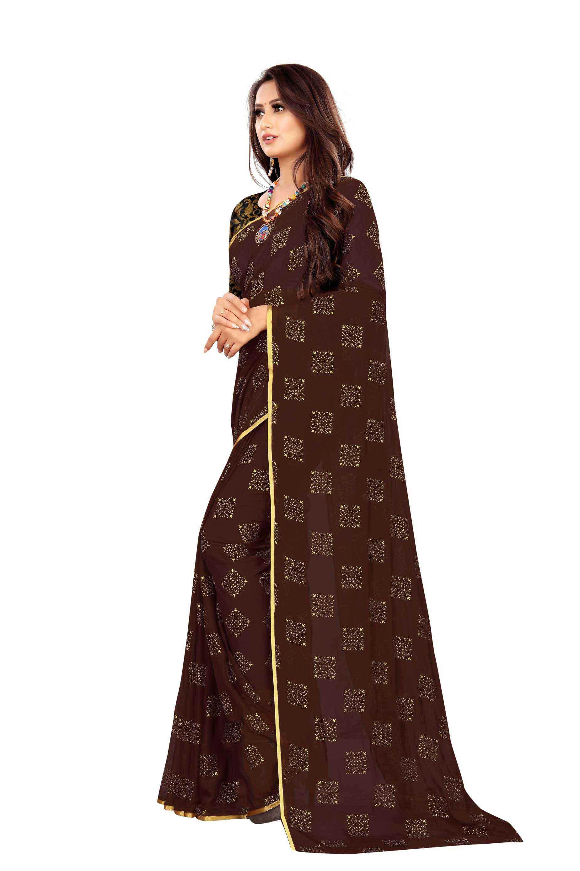 Women's Daily Wear Checks Printed Brown Chiffon Saree With Jacquarad Blouse PIece