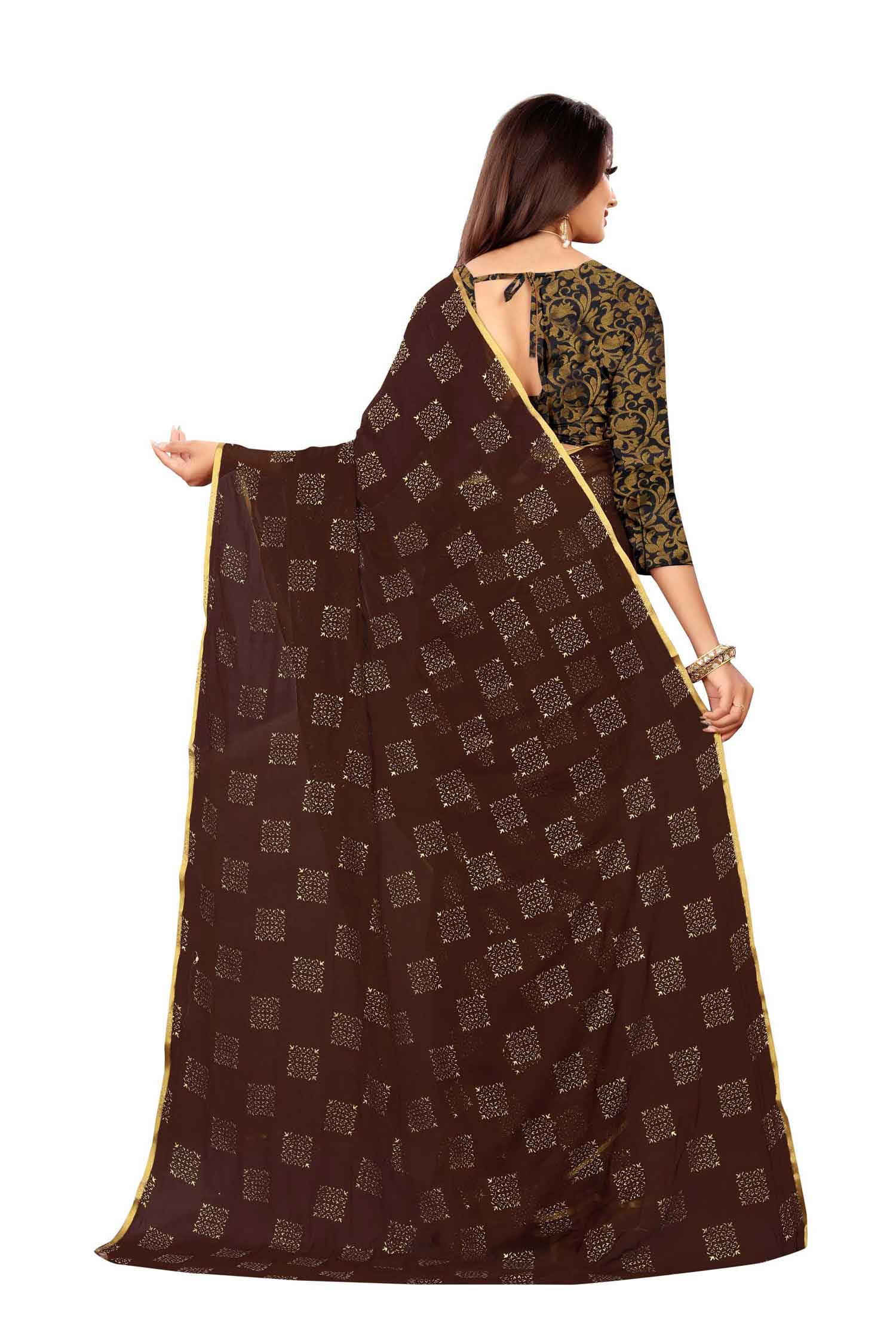 Women's Daily Wear Checks Printed Brown Chiffon Saree With Jacquarad Blouse PIece