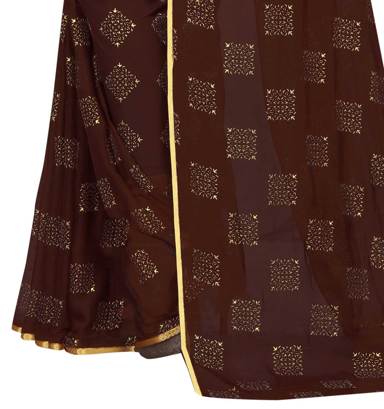 Women's Daily Wear Checks Printed Brown Chiffon Saree With Jacquarad Blouse PIece