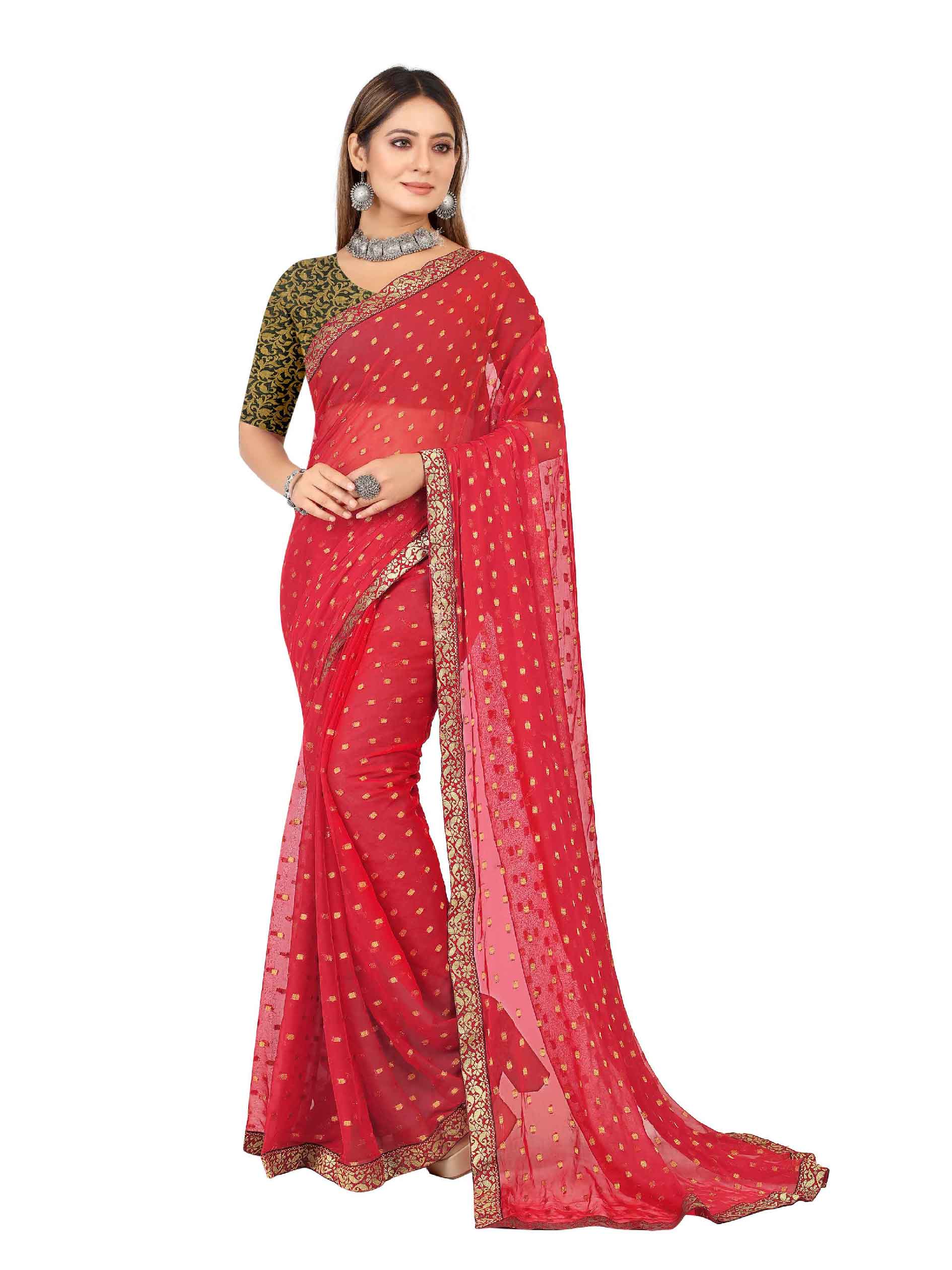 Women's Festive Wear Woven Zari & Lace Border Work Chiffon Saree (Red)