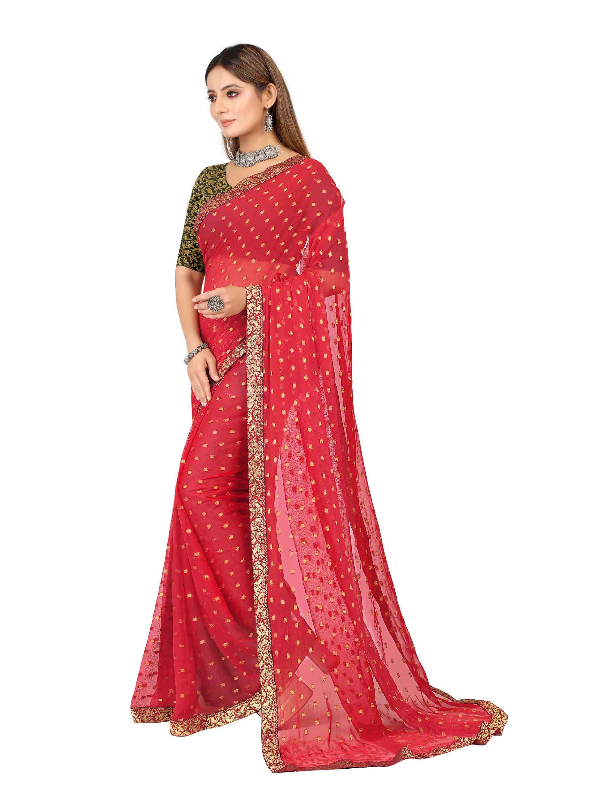 Women's Festive Wear Woven Zari & Lace Border Work Chiffon Saree (Red)