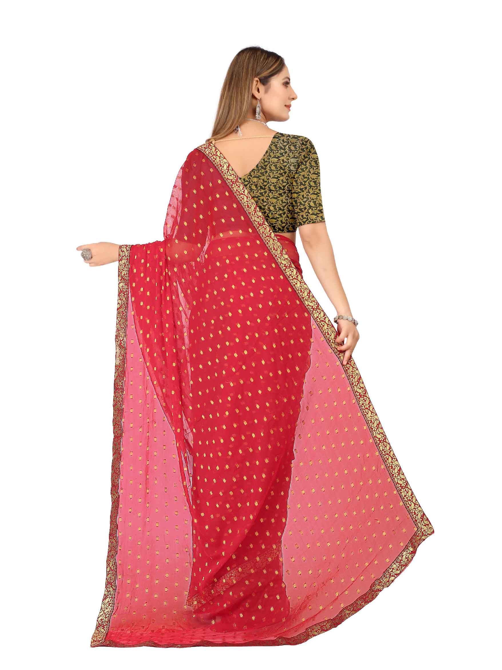 Women's Festive Wear Woven Zari & Lace Border Work Chiffon Saree (Red)