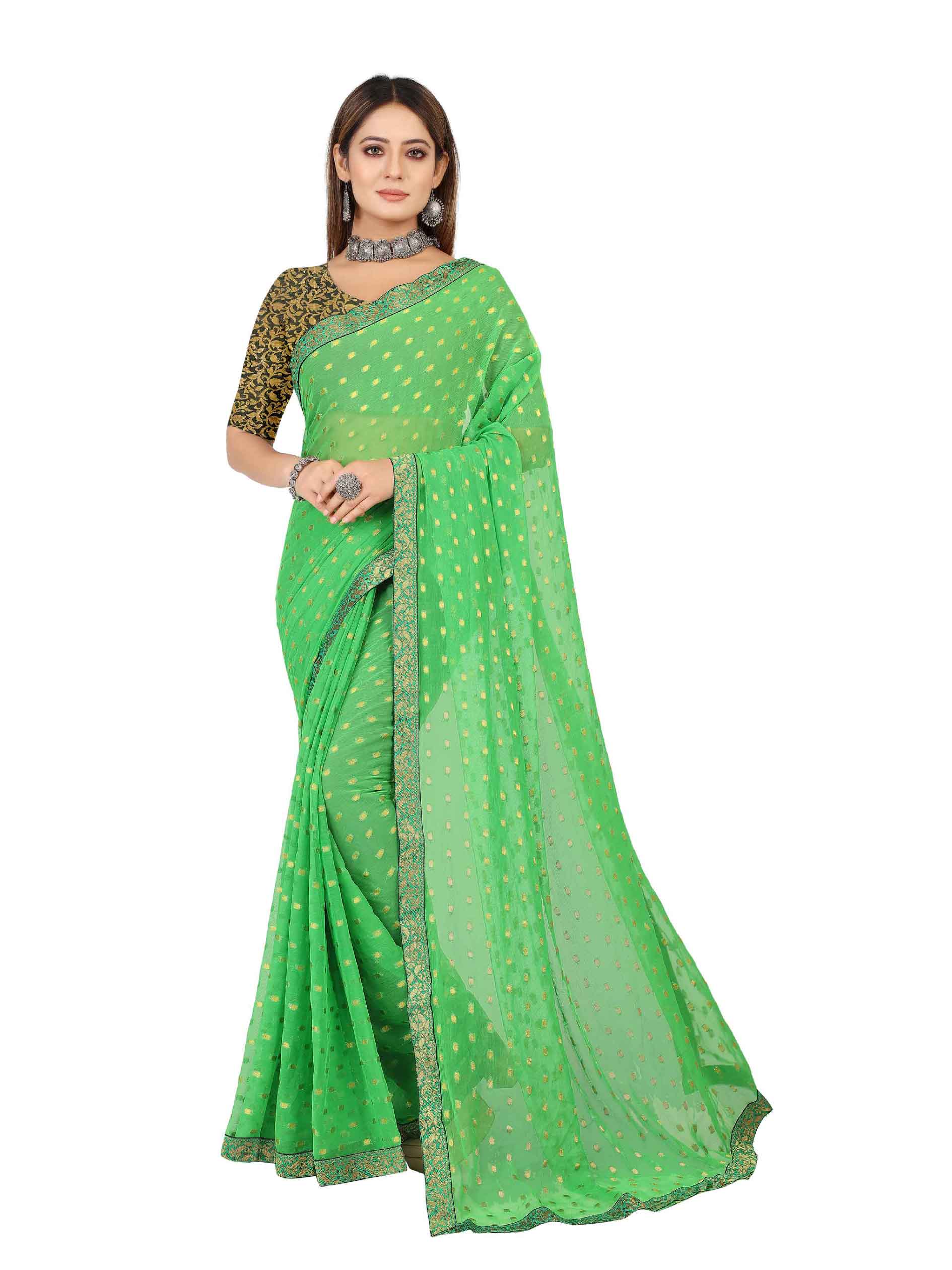 Women's Festive Wear Woven Zari & Lace Border Work Chiffon Saree (Green)