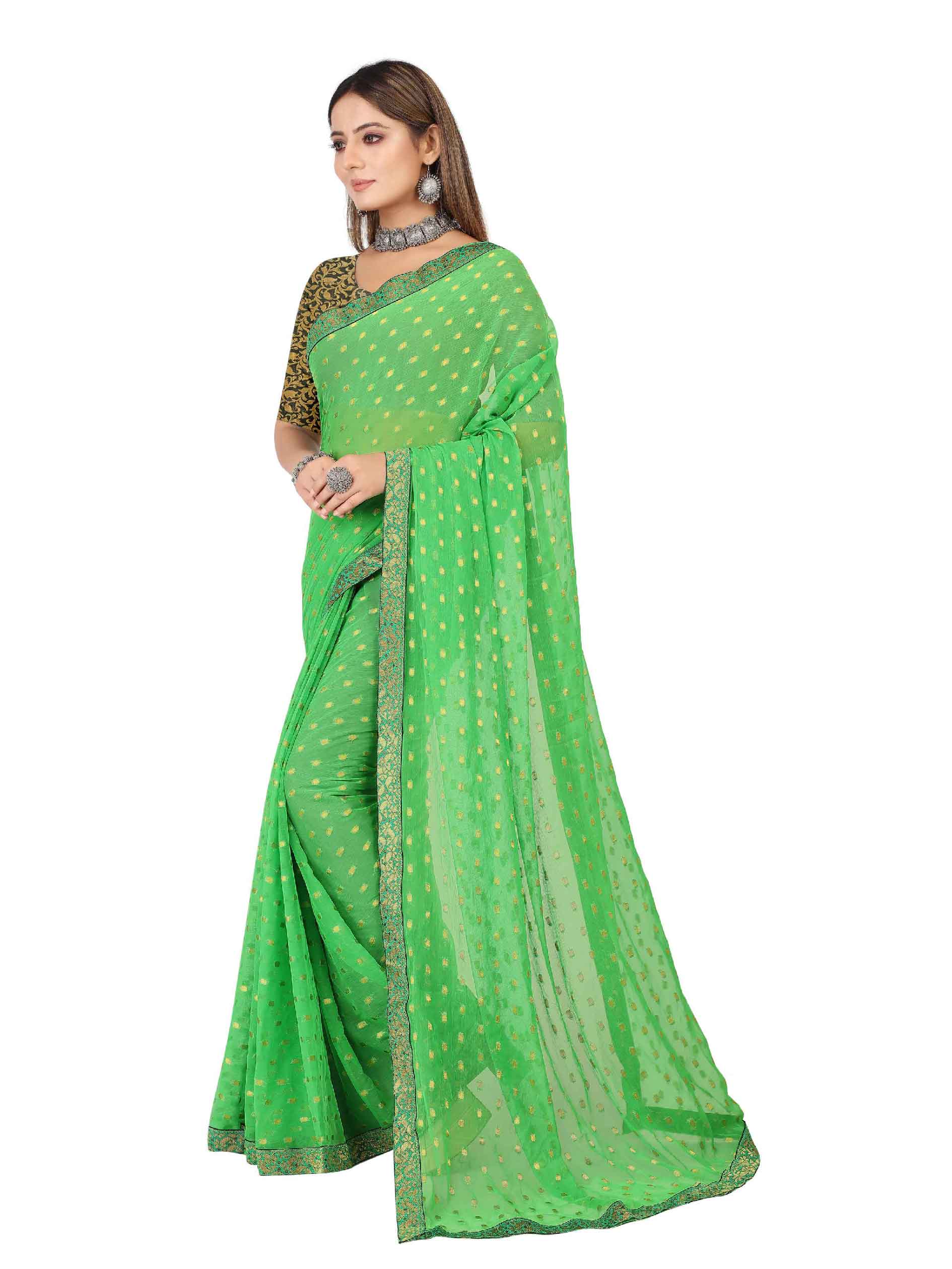 Women's Festive Wear Woven Zari & Lace Border Work Chiffon Saree (Green)