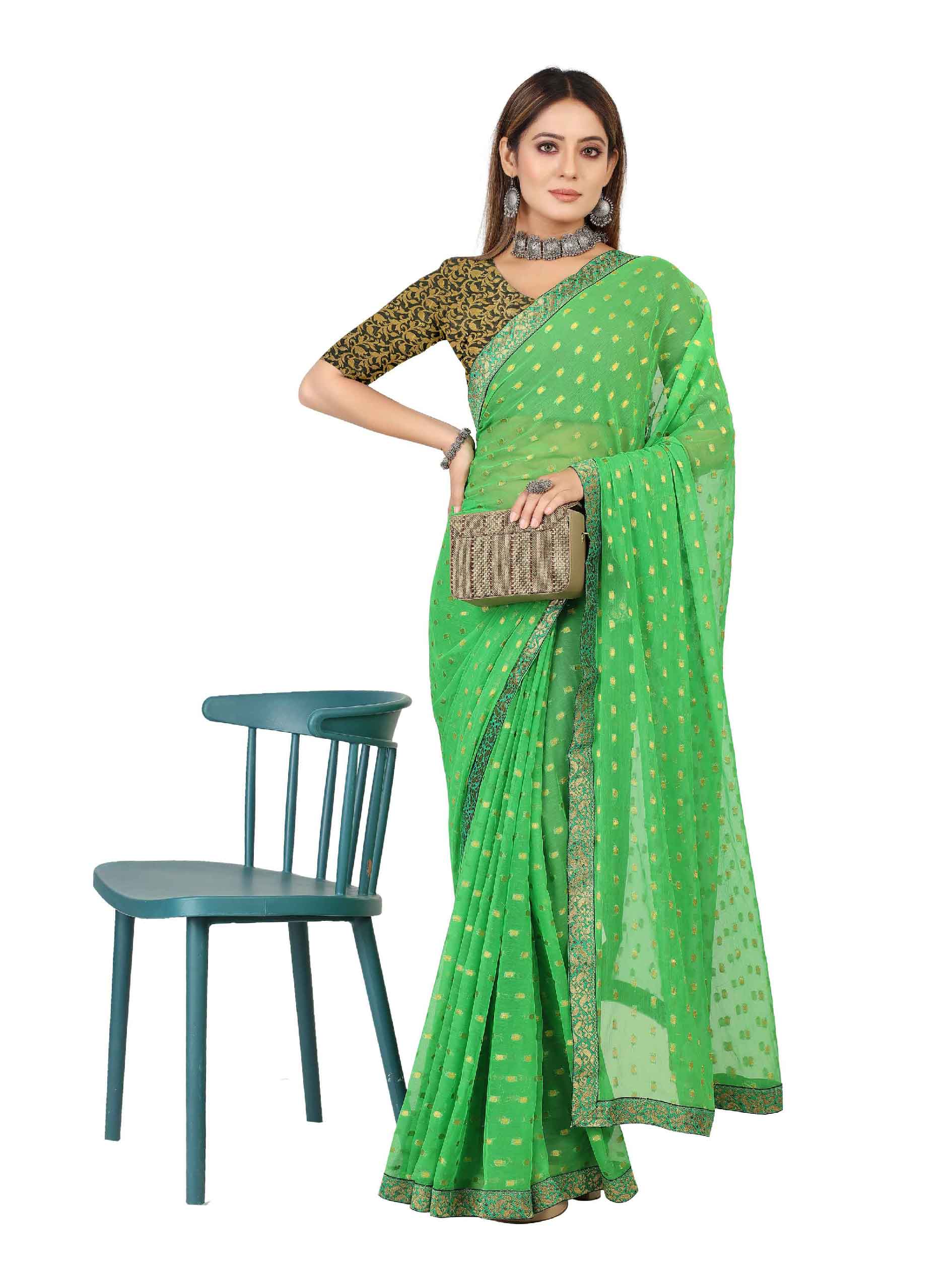 Women's Festive Wear Woven Zari & Lace Border Work Chiffon Saree (Green)