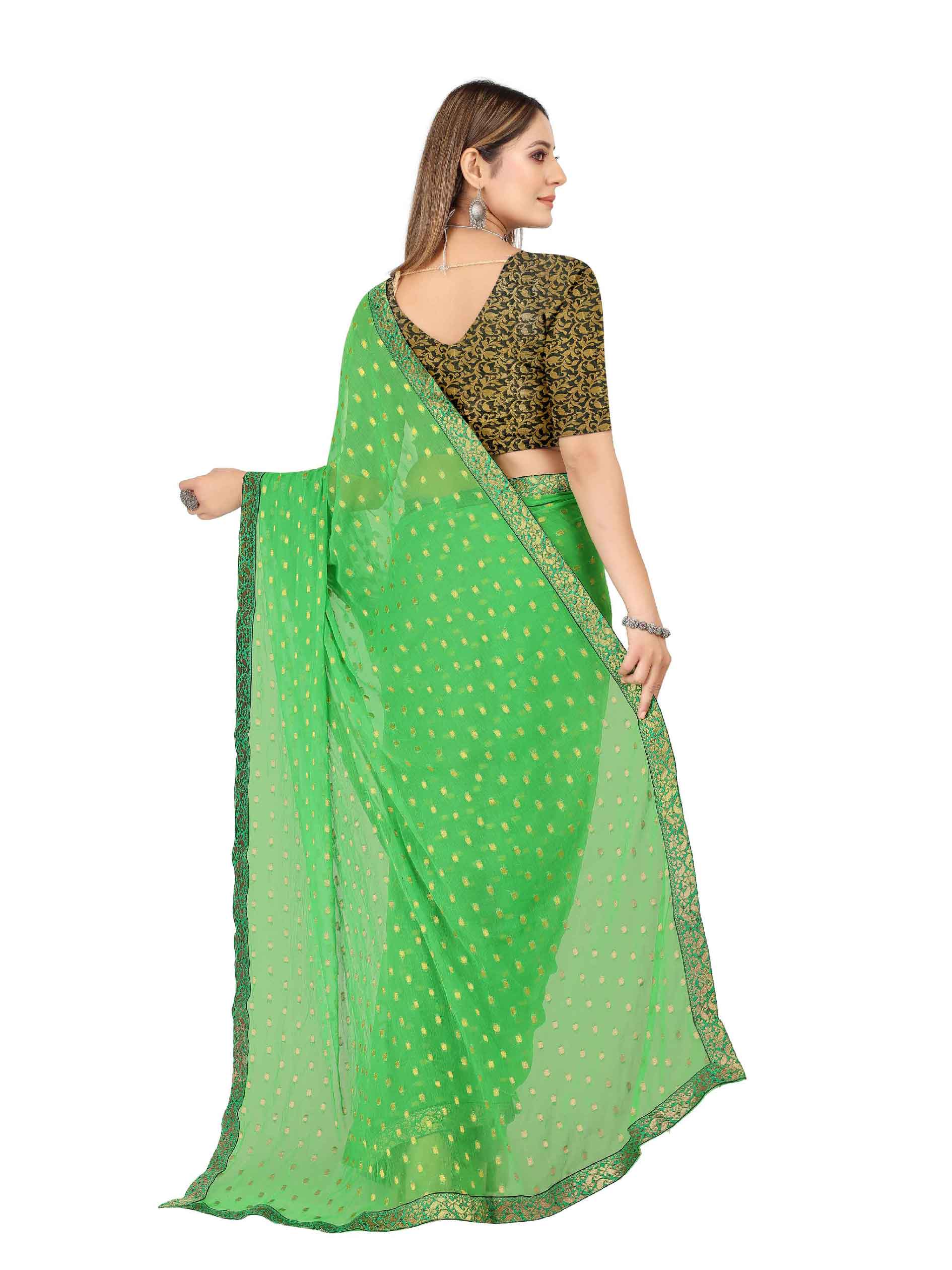 Women's Festive Wear Woven Zari & Lace Border Work Chiffon Saree (Green)