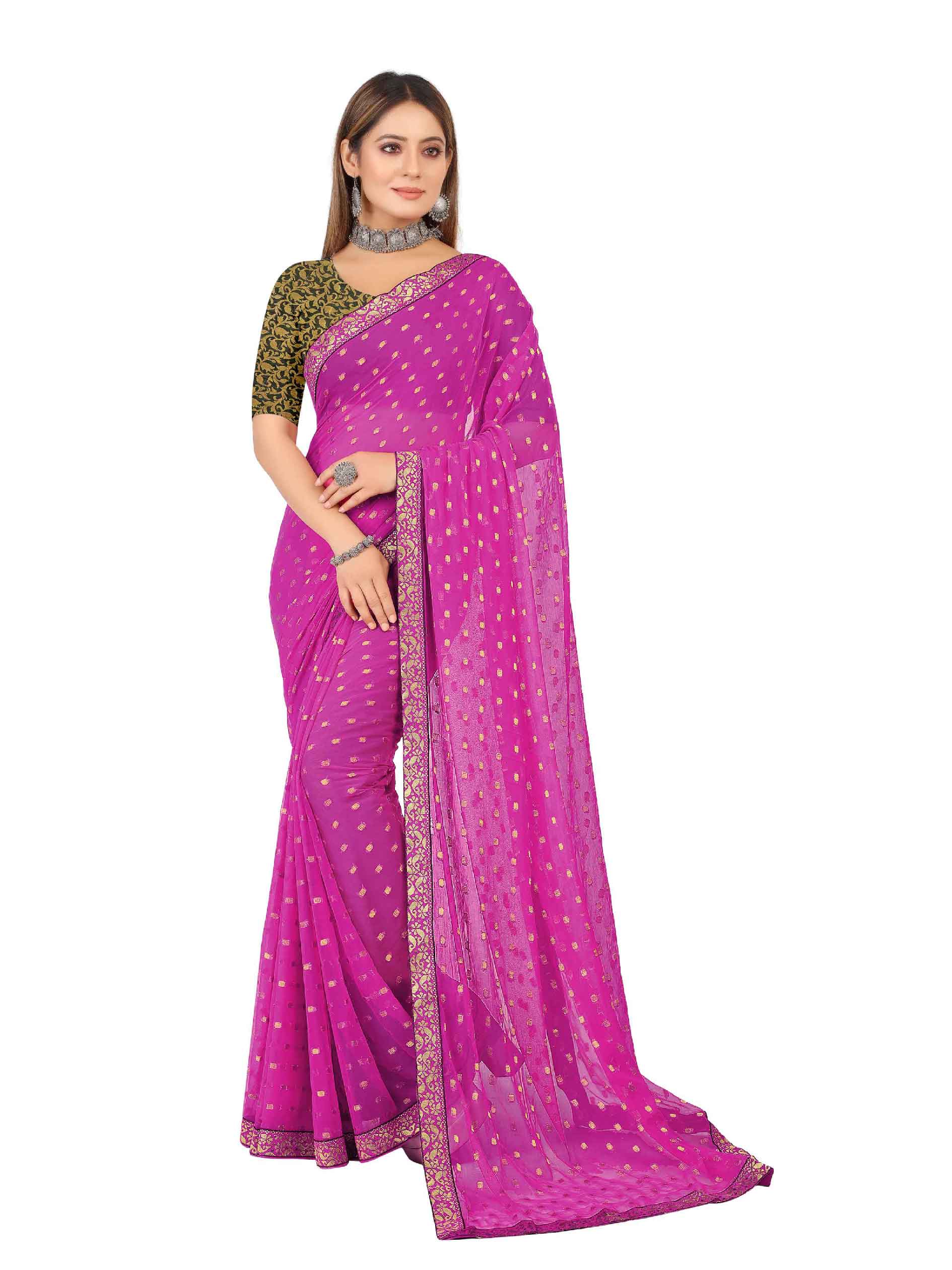 Women's Festive Wear Woven Zari & Lace Border Work Chiffon Saree (Pink)