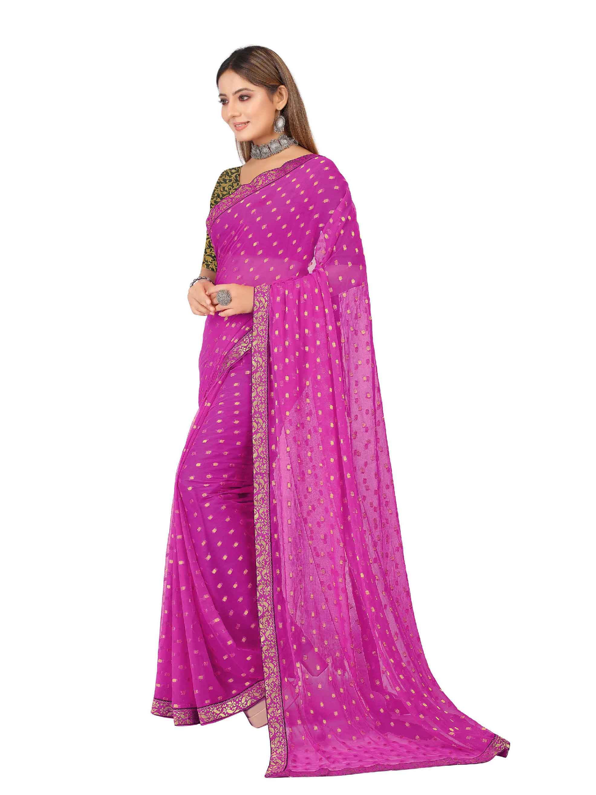 Women's Festive Wear Woven Zari & Lace Border Work Chiffon Saree (Pink)