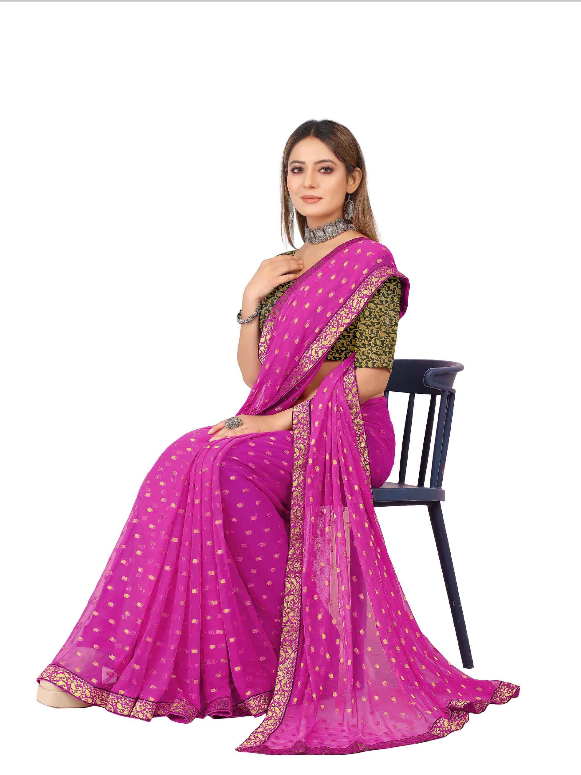 Women's Festive Wear Woven Zari & Lace Border Work Chiffon Saree (Pink)