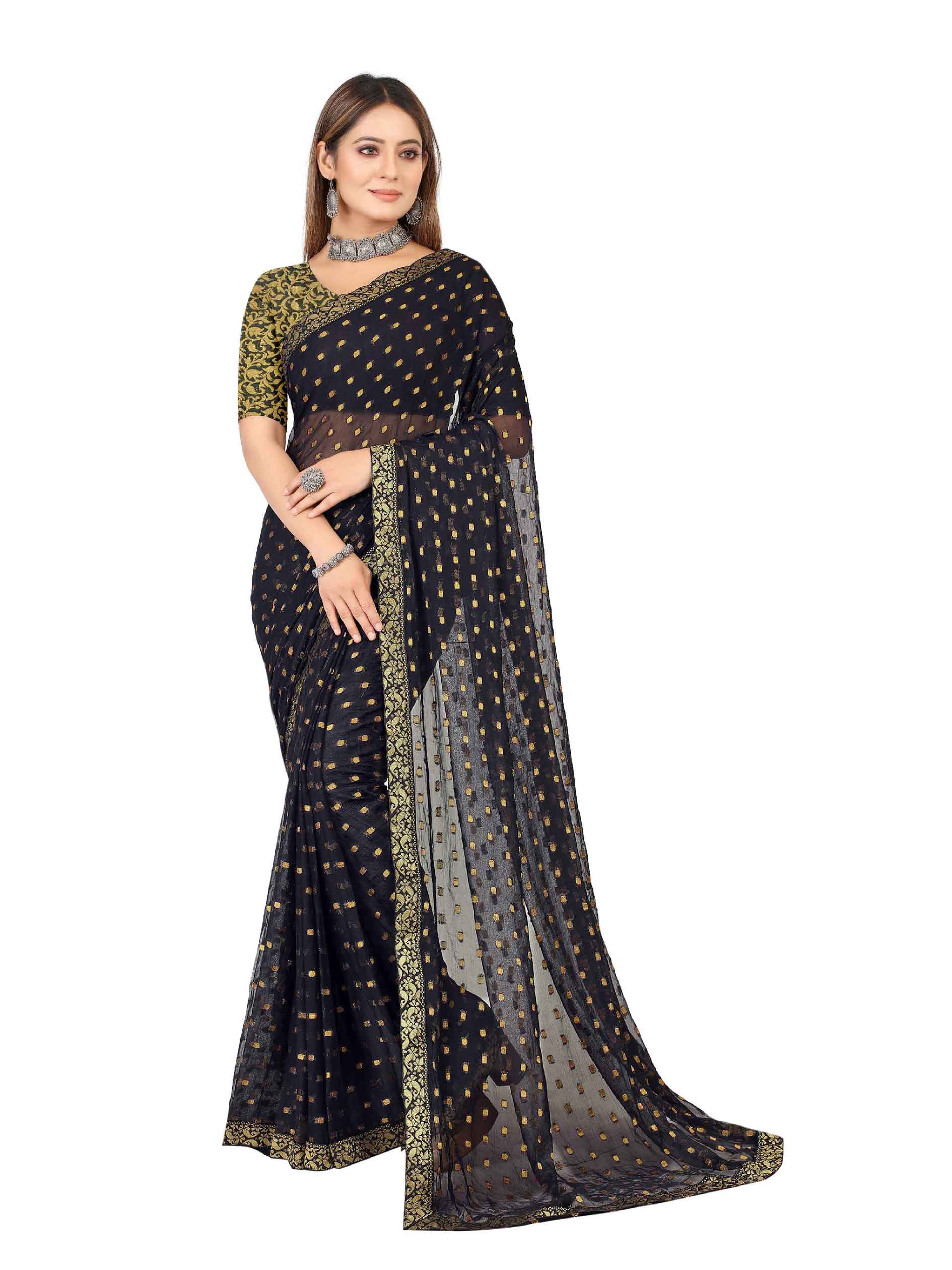 Women's Festive Wear Woven Zari & Lace Border Work Chiffon Saree (Black)