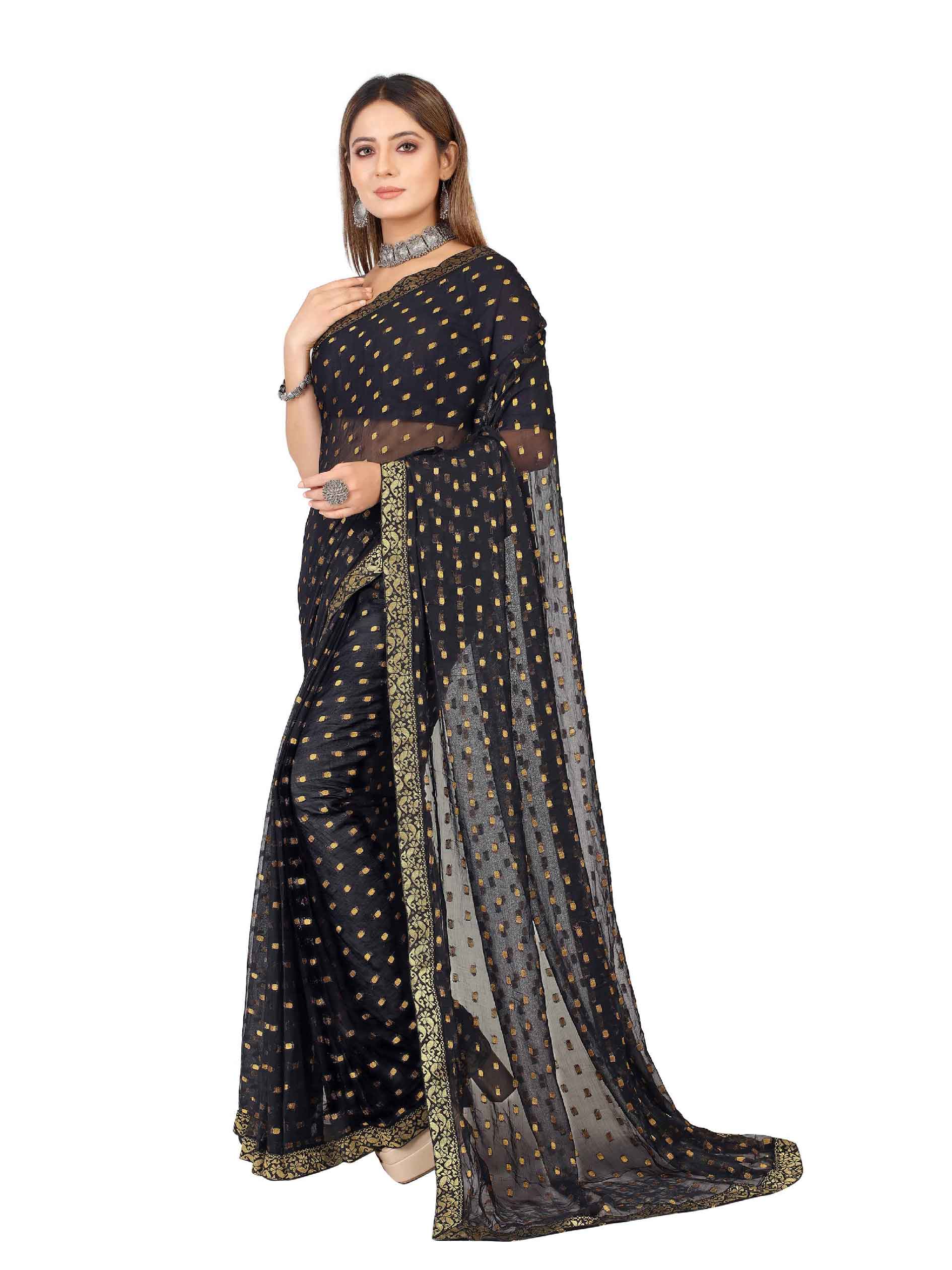 Women's Festive Wear Woven Zari & Lace Border Work Chiffon Saree (Black)