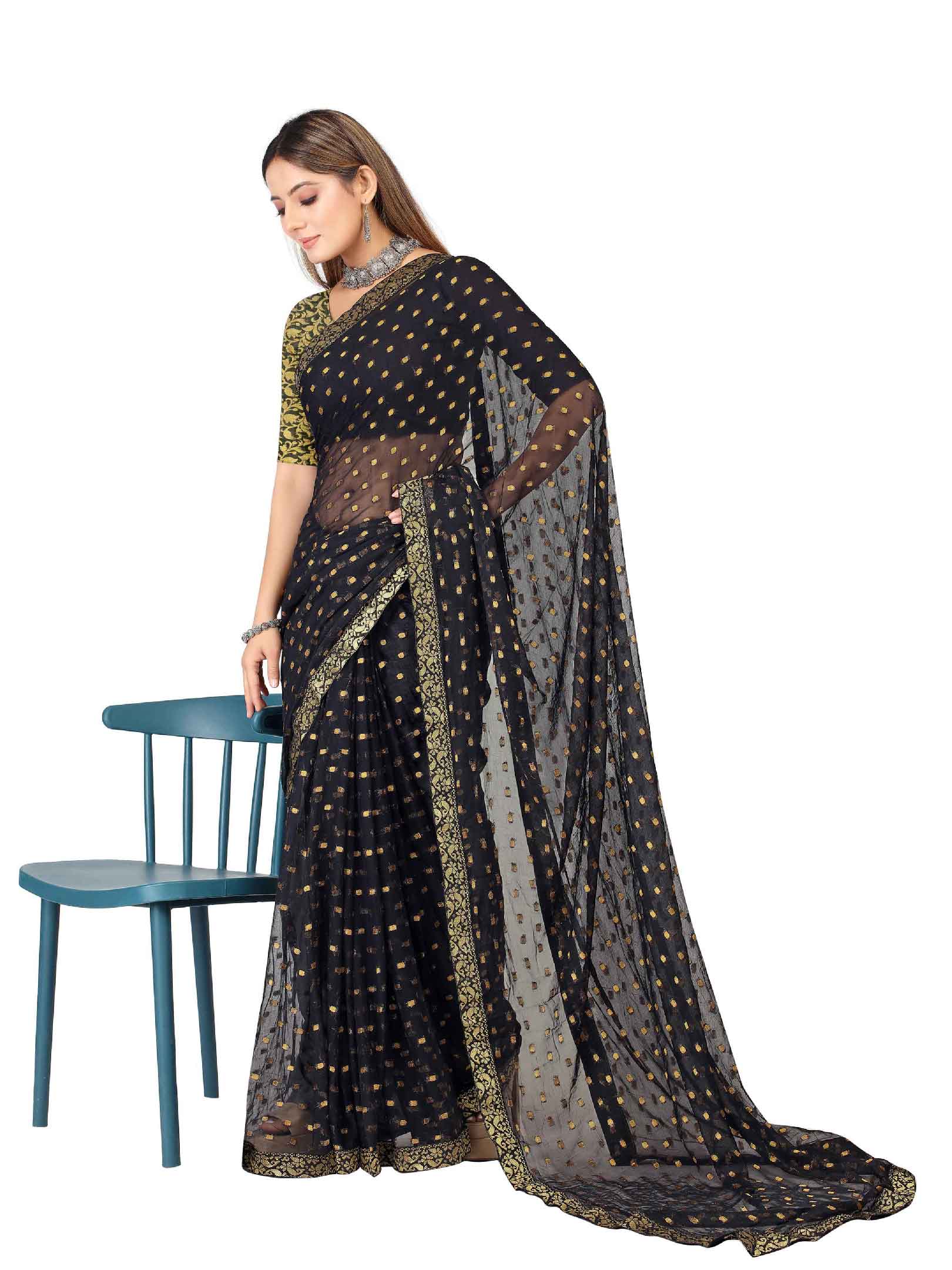 Women's Festive Wear Woven Zari & Lace Border Work Chiffon Saree (Black)