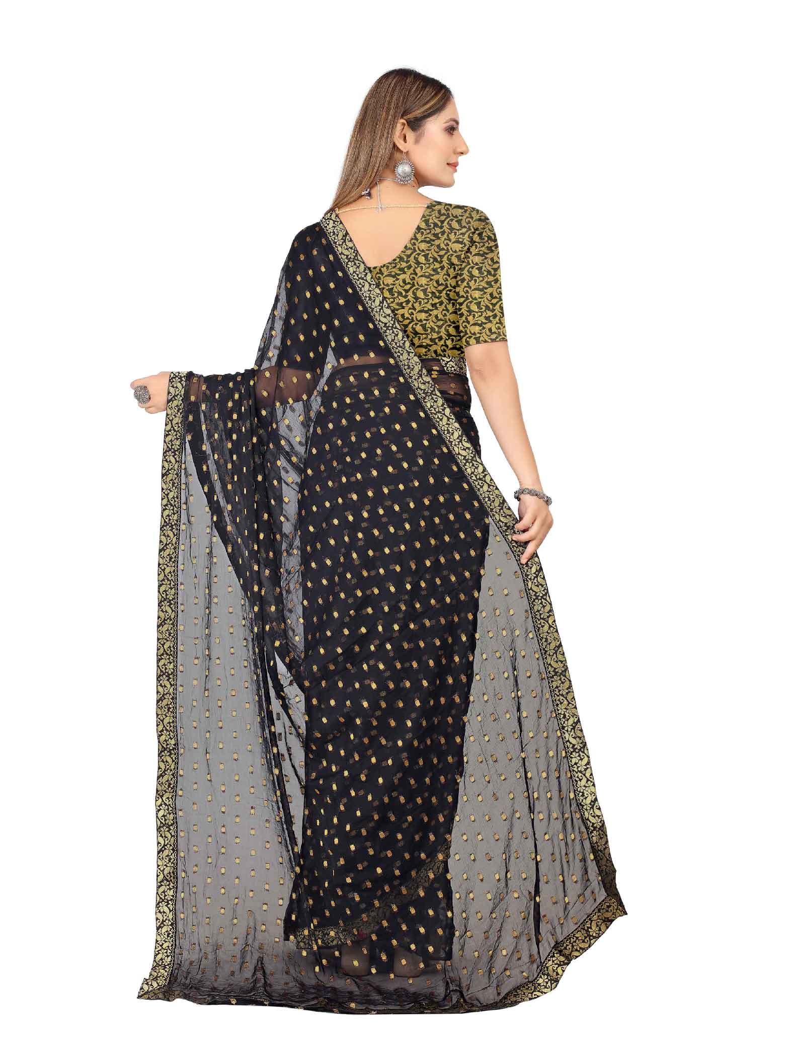 Women's Festive Wear Woven Zari & Lace Border Work Chiffon Saree (Black)