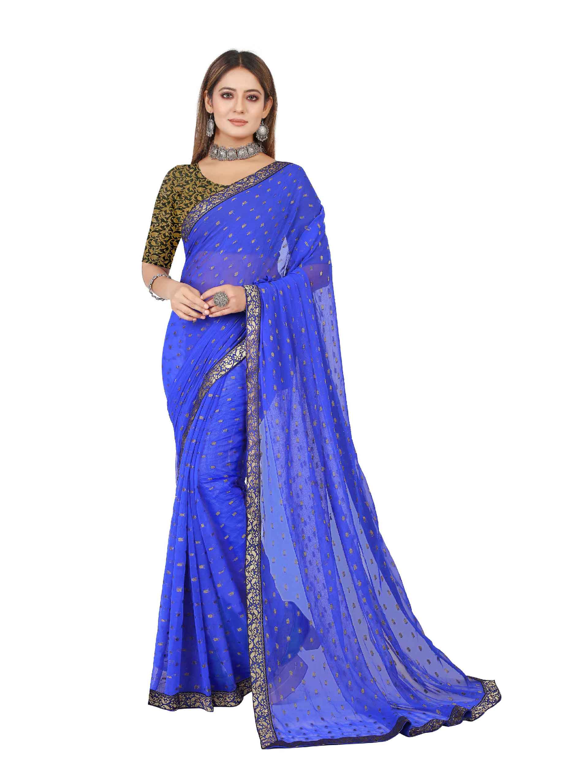 Women's Festive Wear Woven Zari & Lace Border Work Chiffon Saree (Blue)