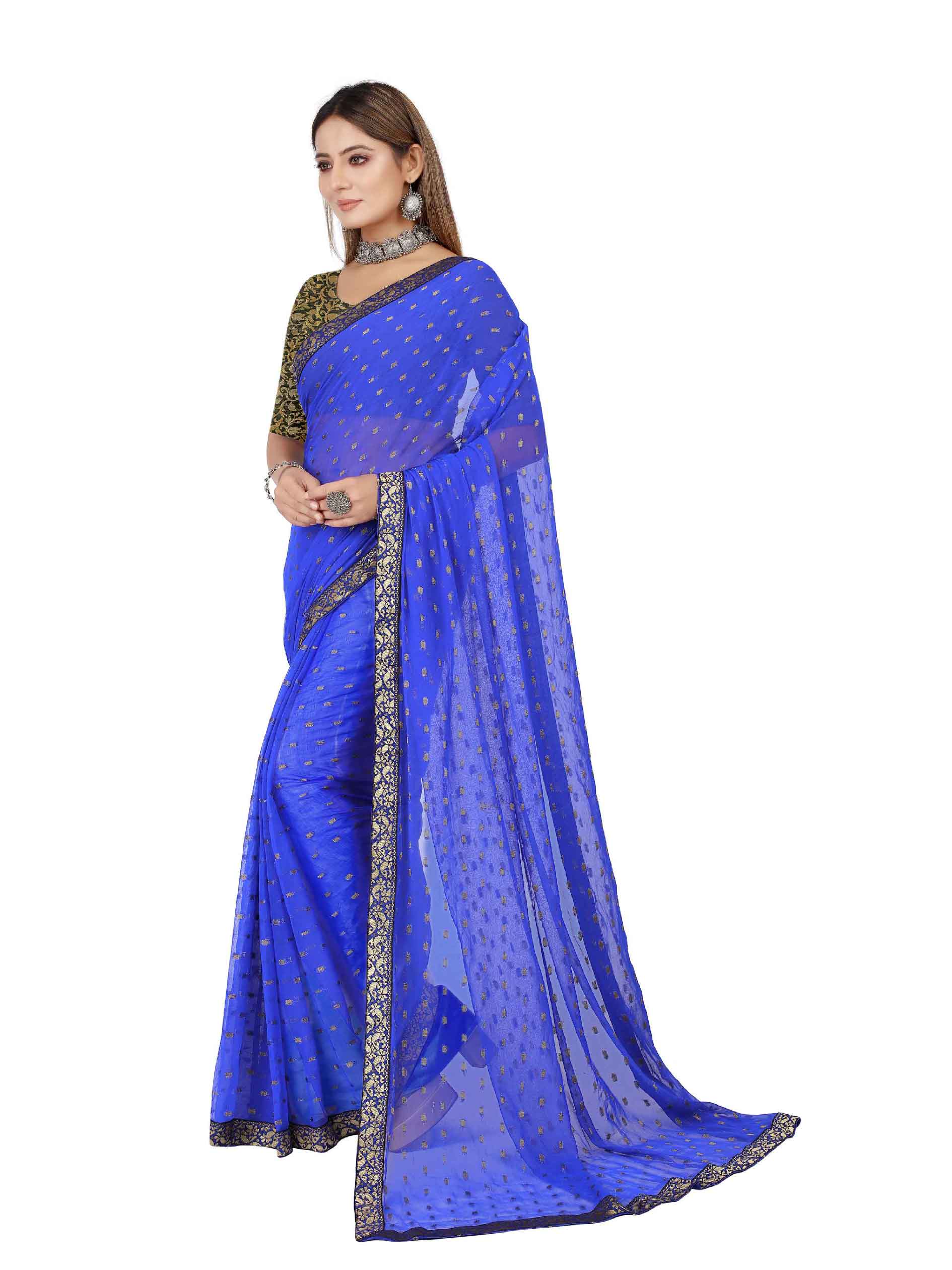 Women's Festive Wear Woven Zari & Lace Border Work Chiffon Saree (Blue)