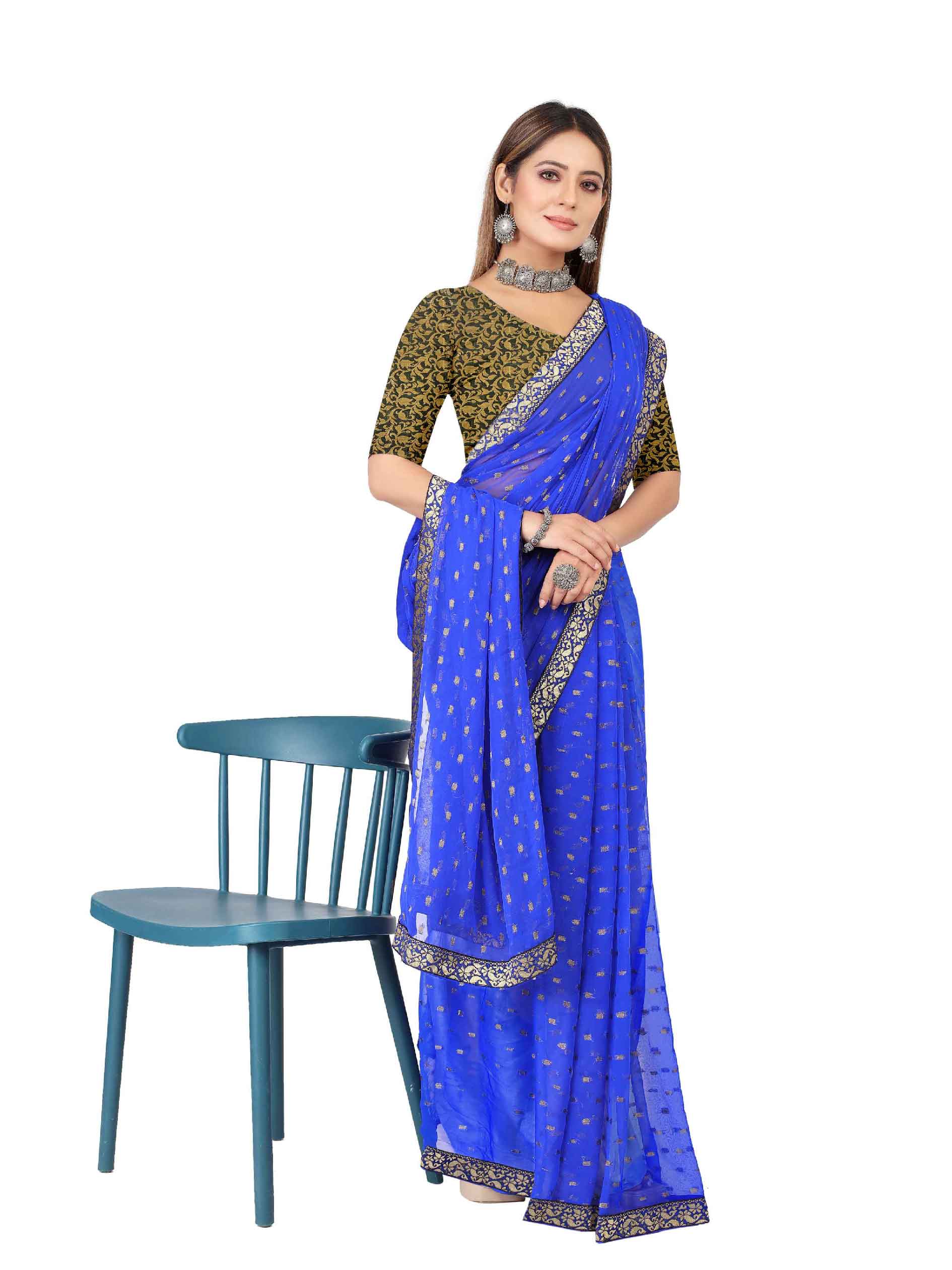 Women's Festive Wear Woven Zari & Lace Border Work Chiffon Saree (Blue)