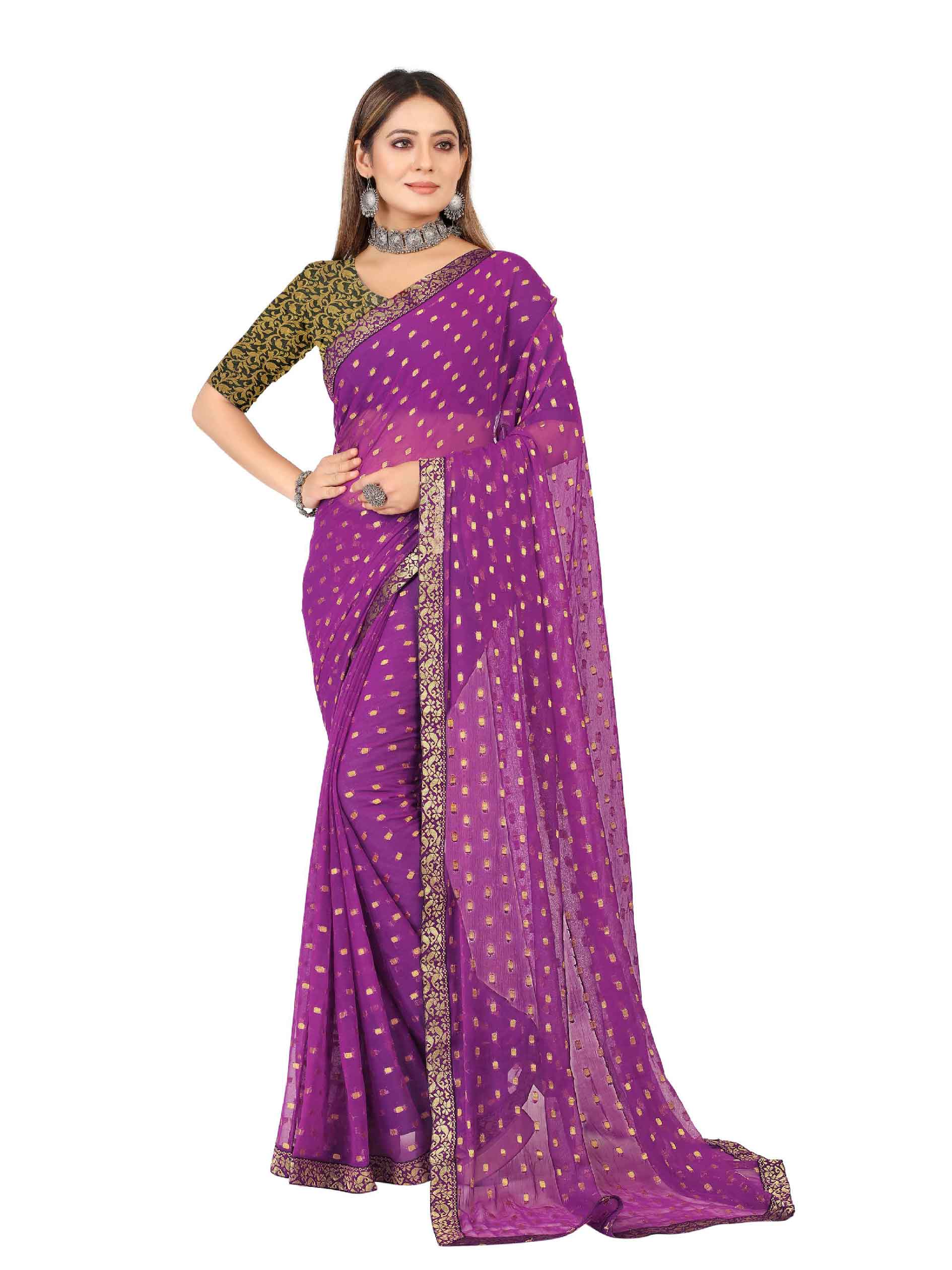 Women's Festive Wear Woven Zari & Lace Border Work Chiffon Saree (Purple)